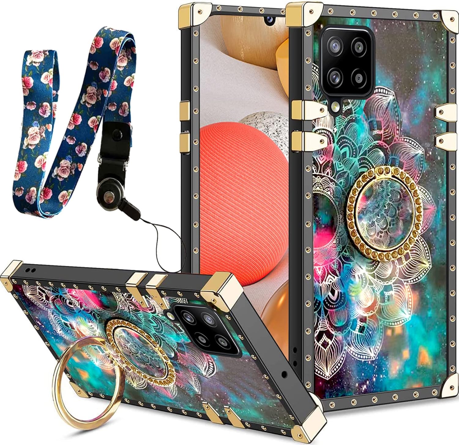 Para Samsung A42 5G Funda Telefónica, Para Galaxy A42 5G Cubierta Trasera Cuadrada Con Anillo De Diamante Correa Cordón A Prueba De Golpes Funda