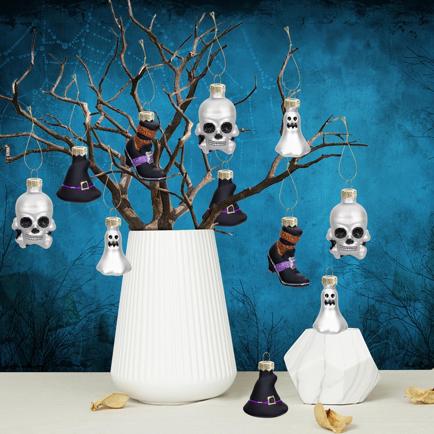 12 adornos colgantes de cristal del Día de los Muertos, adornos de calavera de azúcar del Día de los Muertos, cabeza de esqueleto colgante de