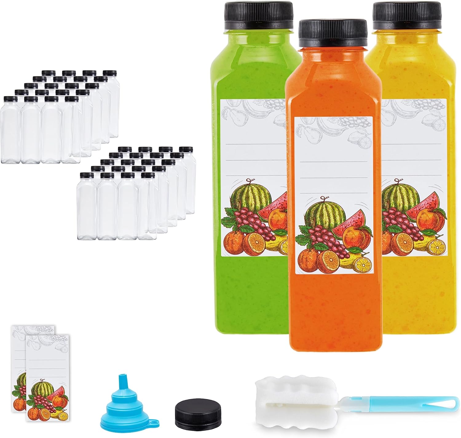 JumblWare Juego de 40 botellas reutilizables de jugo de plástico transparente de 16 onzas con embudo, cepillo de limpieza y etiquetas para el