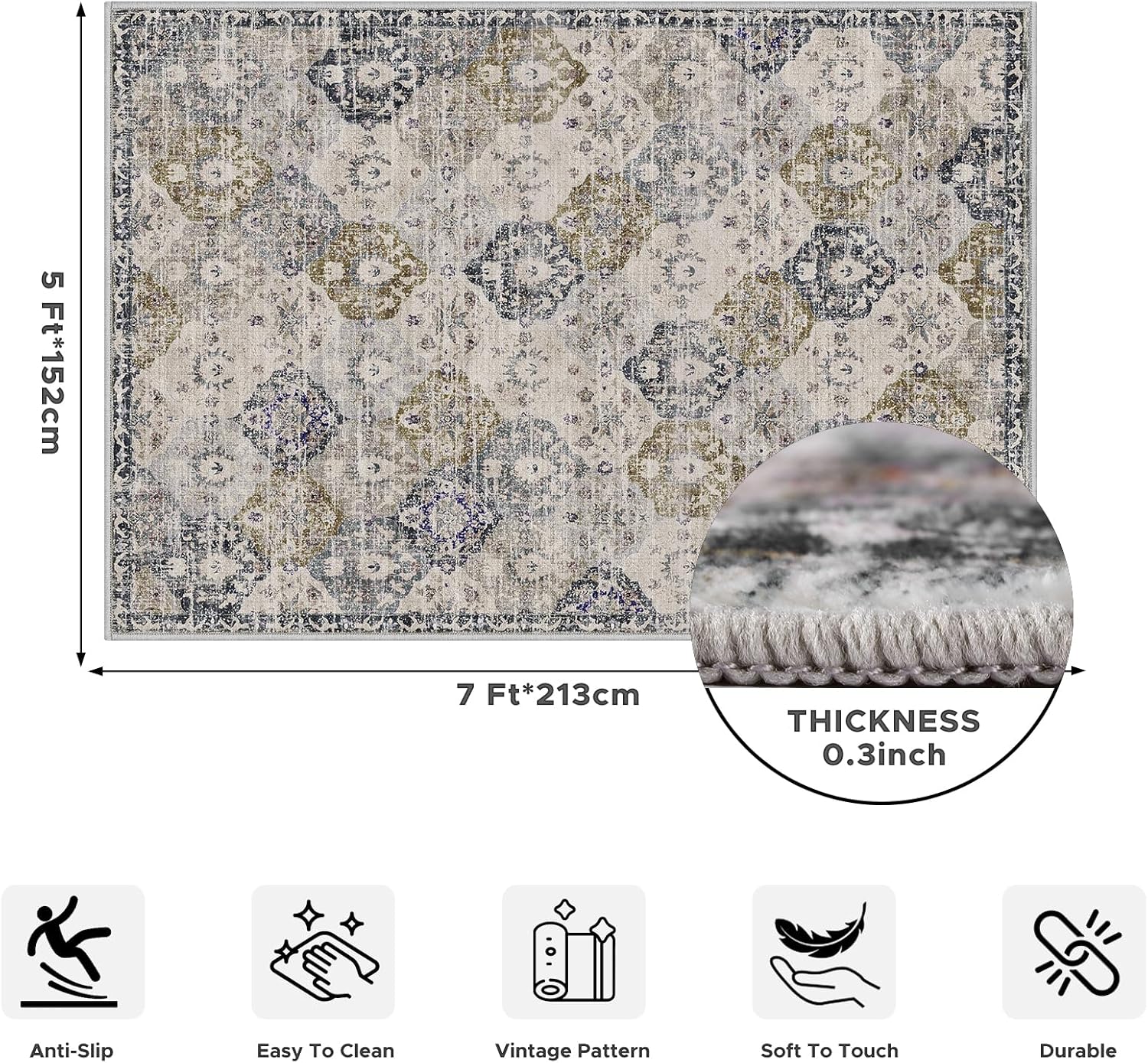 Alfombras de área de 5 x 7 pies para sala de estar, alfombra lavable con enrejado envejecido, alfombra vintage con parte trasera antideslizante,