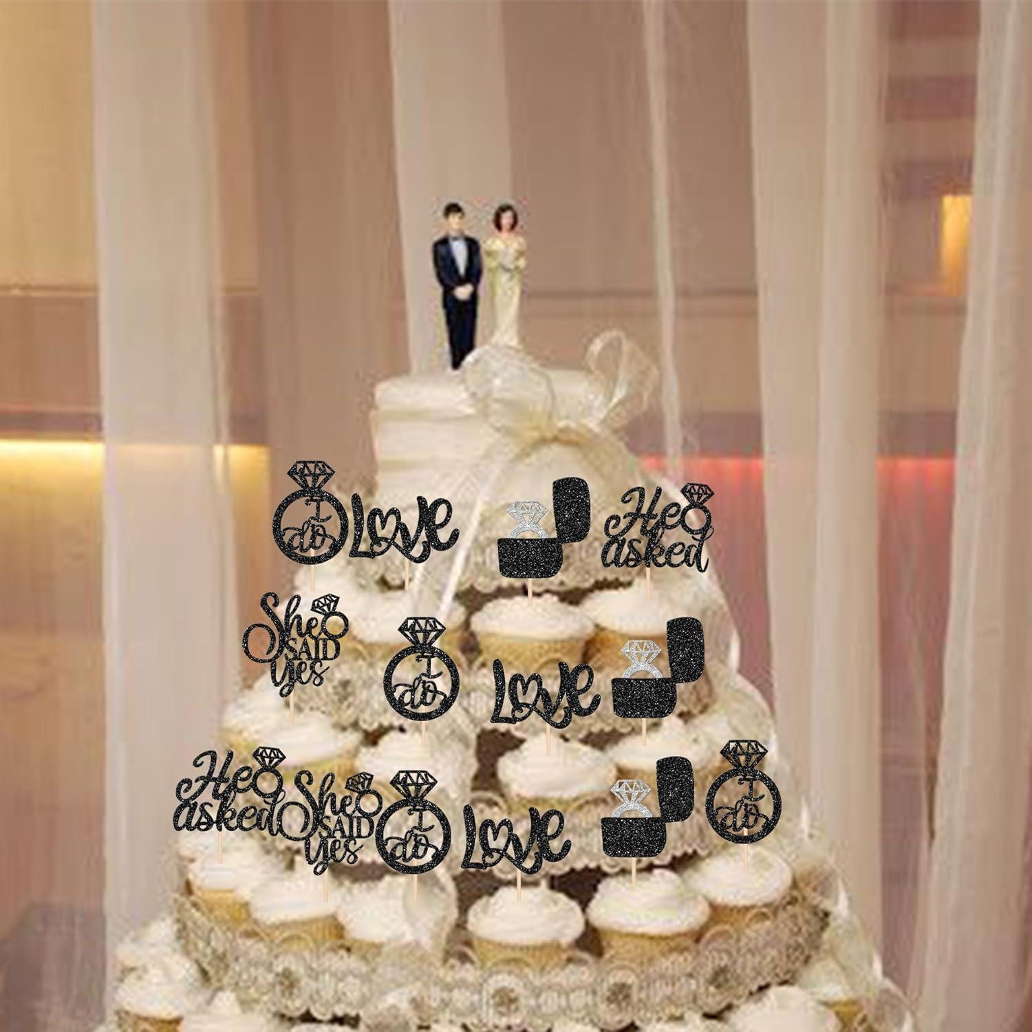 30 piezas de adornos para cupcakes con texto en inglés “He Asked She Said Yes Love I Do”, anillos de diamantes para bodas, despedidas de soltera,