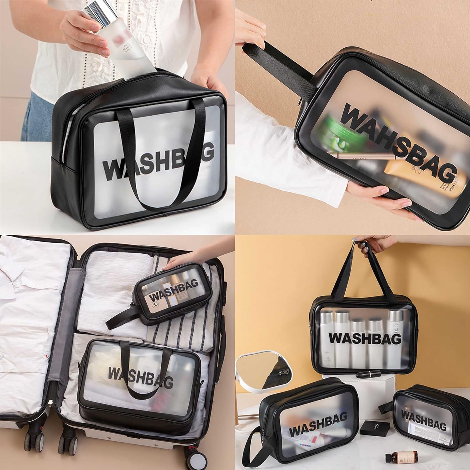 Bolsas de cosméticos, 3 piezas-negro, Transparente