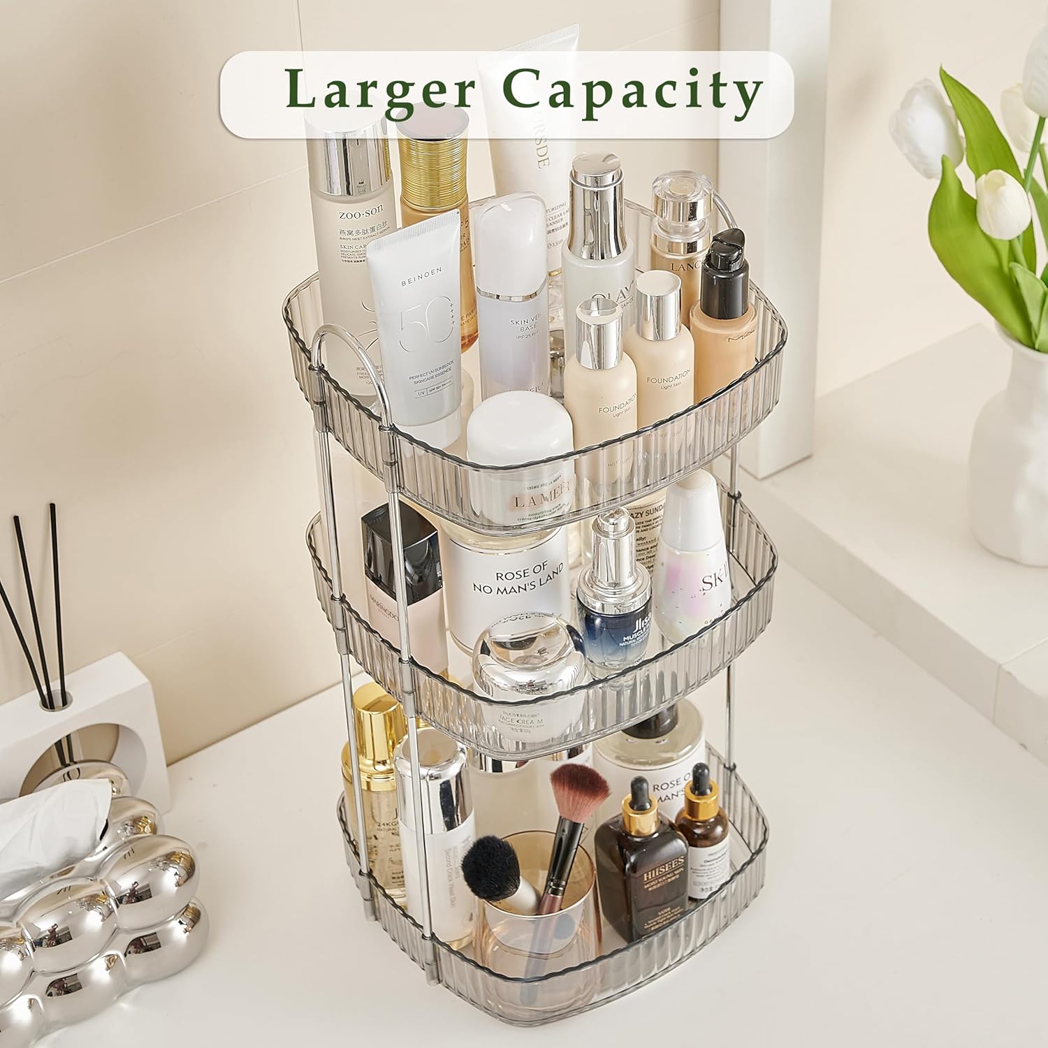 CICUFY Organizador de maquillaje giratorio cuadrado Organizador de contador de baño para cosméticos de cuidado de la piel de perfume – gris 3 niveles