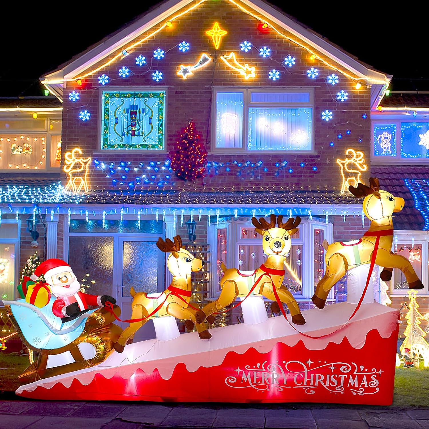 Inflables grandes de Navidad de 13.5 pies para patio al aire libre, Papá Noel inflable en trineo con 3 renos, decoración inflable iluminada para