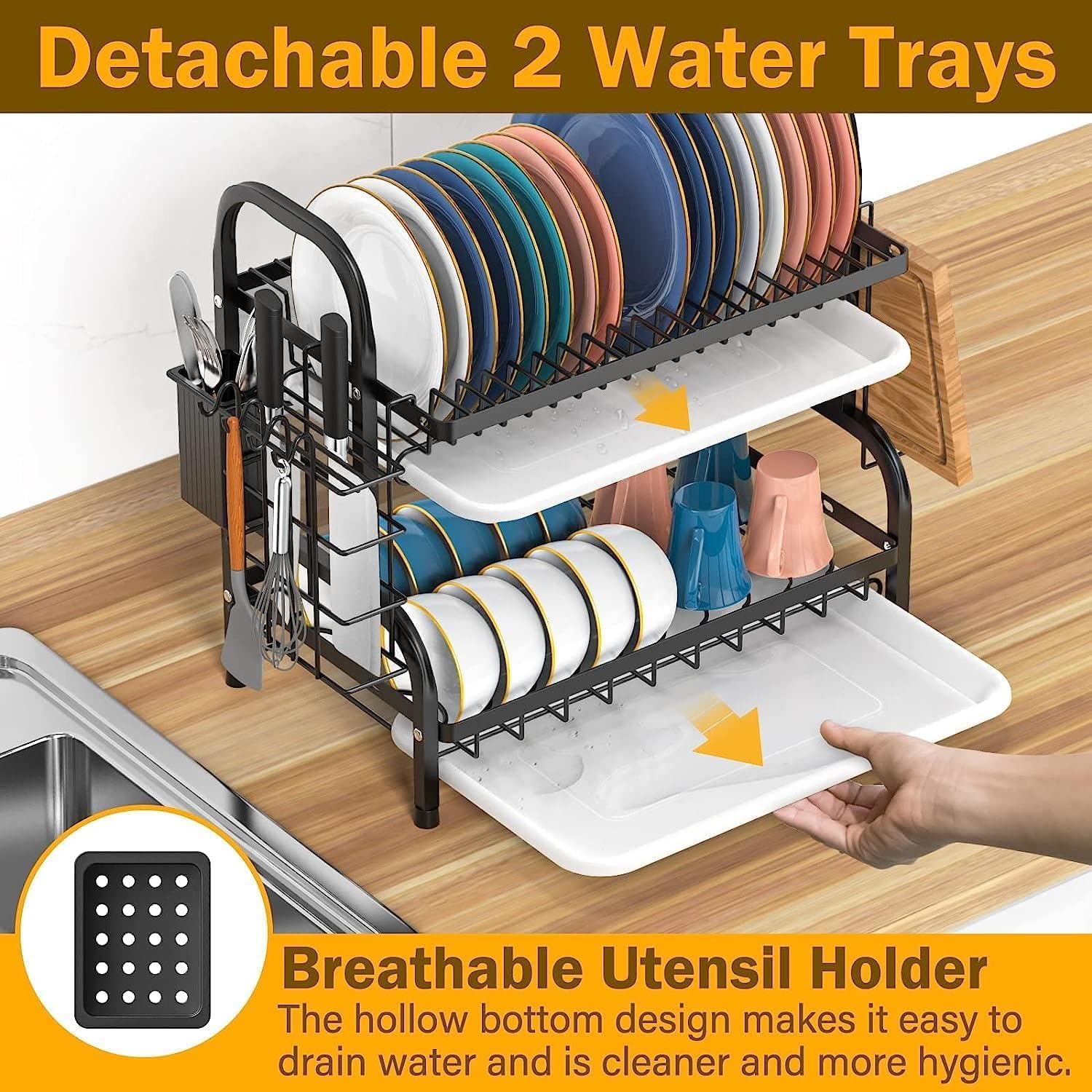 Escurridor de platos, juego de 2 niveles de acero inoxidable con soporte para cubiertos, soporte para tabla de cortar, escurridor de platos para