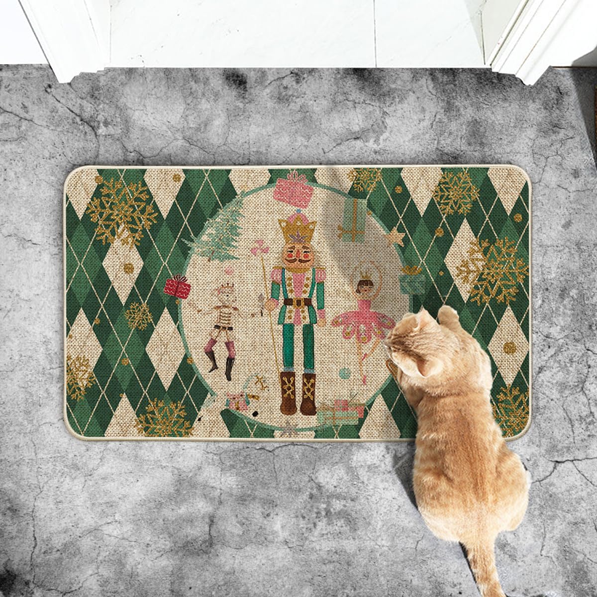 Artoid Mode Felpudo de Navidad con diseño de cascanueces de diamantes verdes, decoración del hogar, tapete de bajo perfil para puerta, 17 x 29