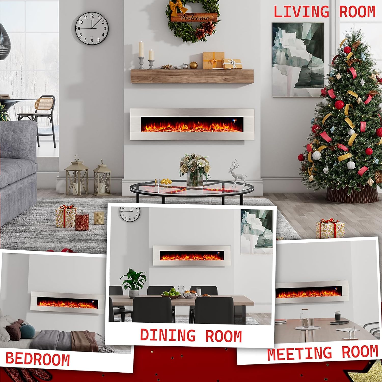 AMERLIFE Chimenea eléctrica de montaje en pared de 60 pulgadas con control remoto, calentador flotante de pared con colores de llama ajustables y