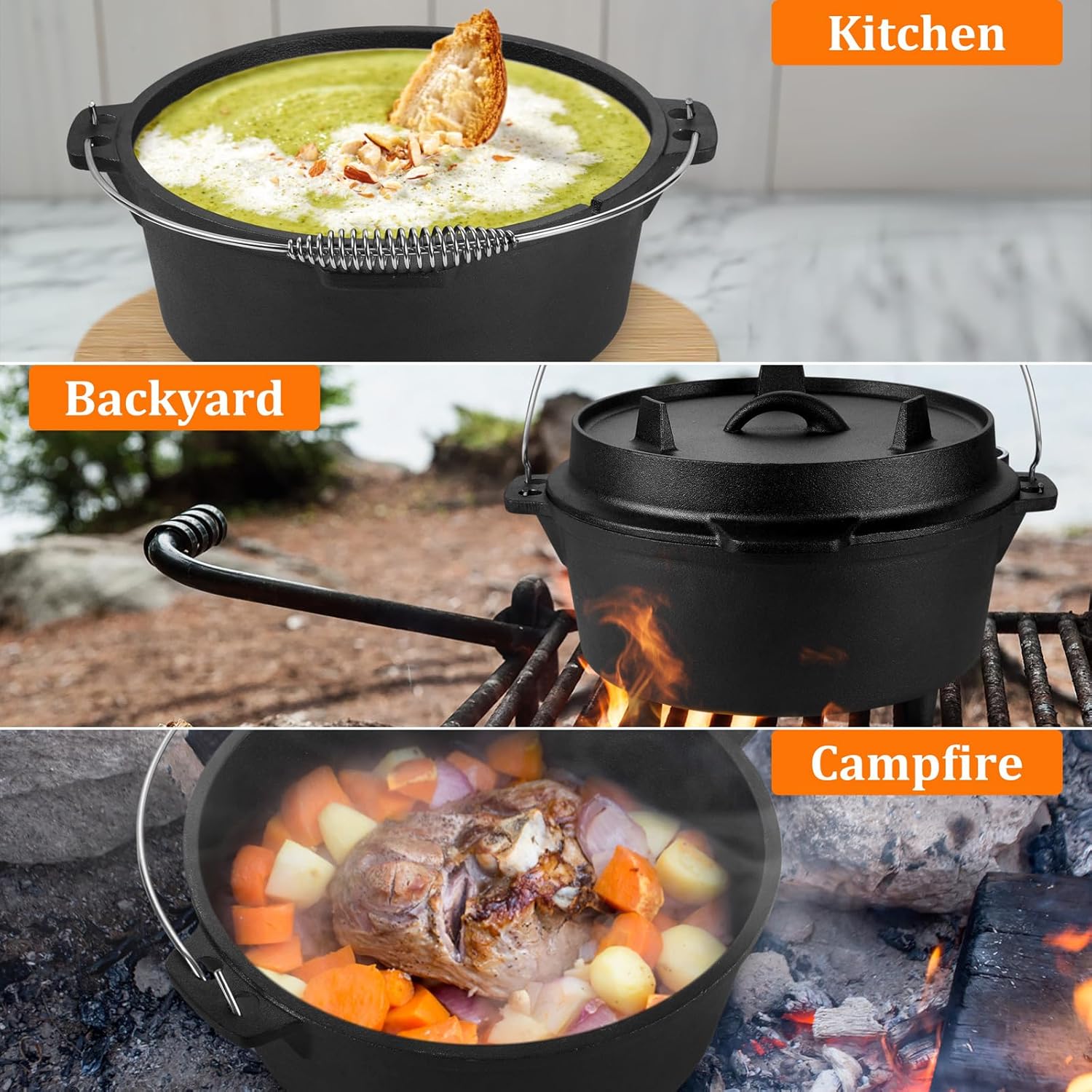 Leonyo Horno holandés de hierro fundido con elevador de tapa, olla de horno holandés de 7 cuartos con tapa, juego de ollas y sartenes de campamento