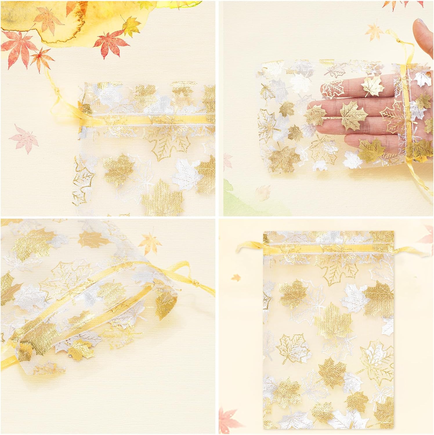 Whaline 100 bolsas de organza de otoño con cordón de hojas de arce doradas, bolsas de regalo de joyería de Acción de Gracias, bolsas de regalo para