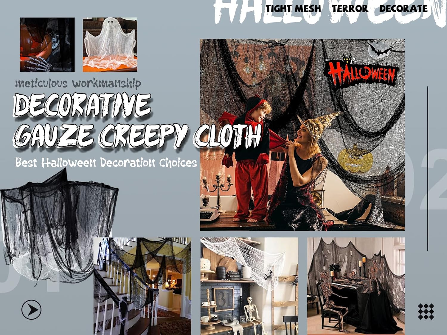 2 piezas de 78 x 100 pulgadas y 1 pieza de tela espeluznante negra de 78 x 200 pulgadas. Decoraciones de Halloween espeluznantes colgantes para