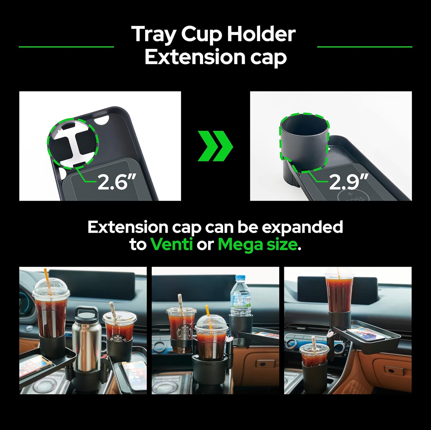 Bandeja expansora triple para portavasos de automóvil con base ajustable y botellas grandes y vaso