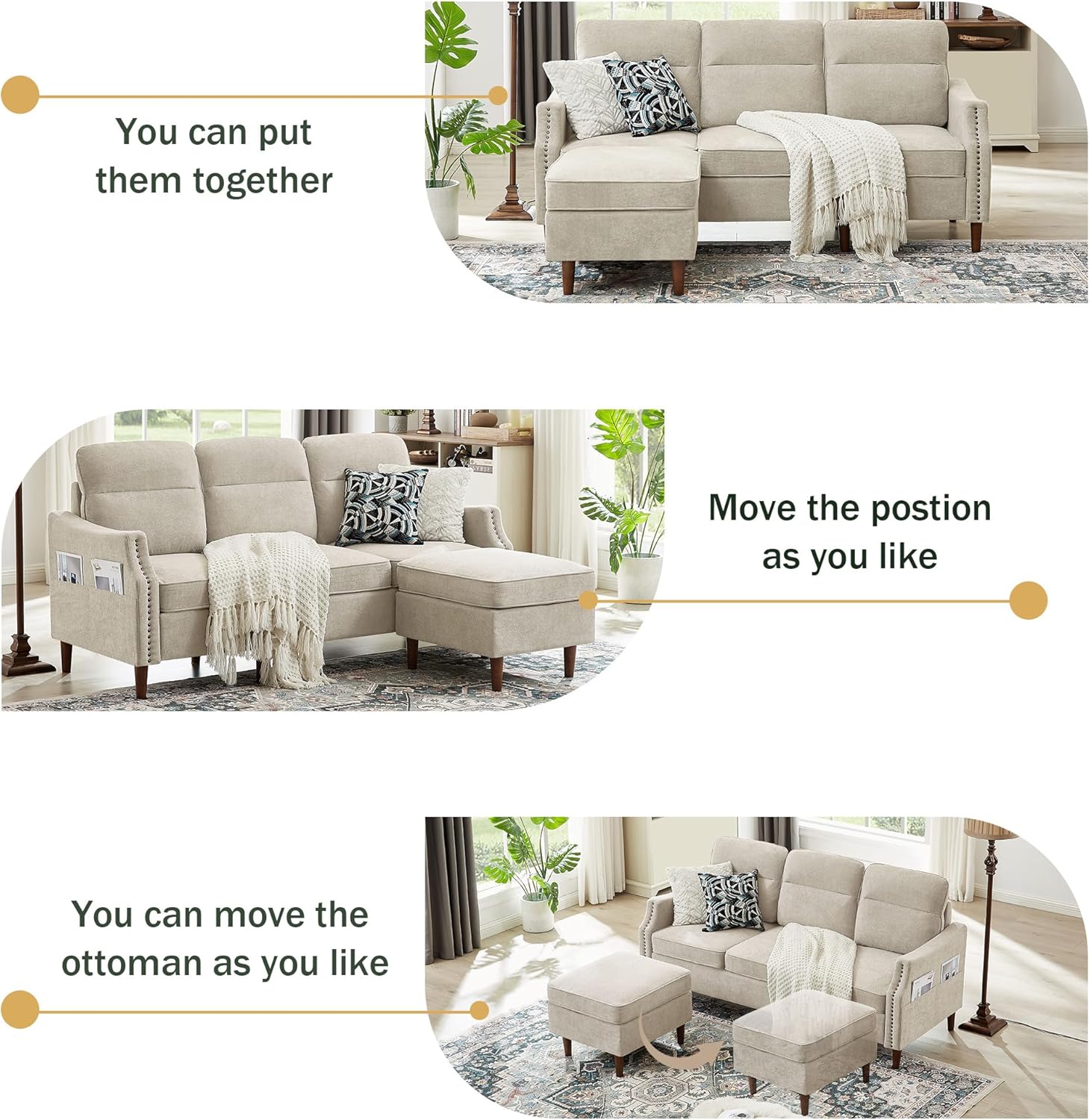 Tornama Sofá modular convertible de 3 plazas de 78 pulgadas en forma de L con diván reversible y bolsas de almacenamiento, sofás de microfibra para