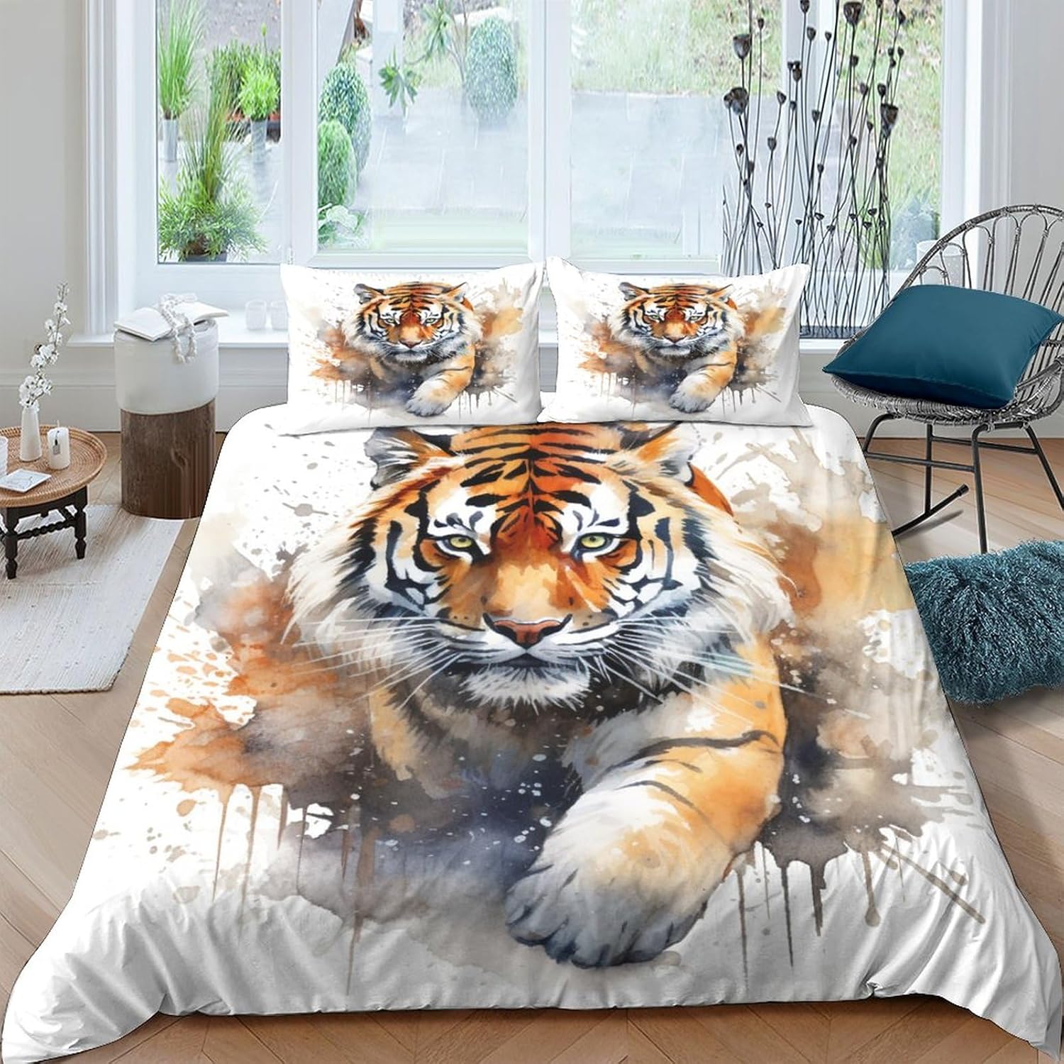 OPSREY Juego de funda de edredón de animales impresos en 3D de tigre, funda de edredón de 3 piezas con fundas de almohada para niños y adultos,