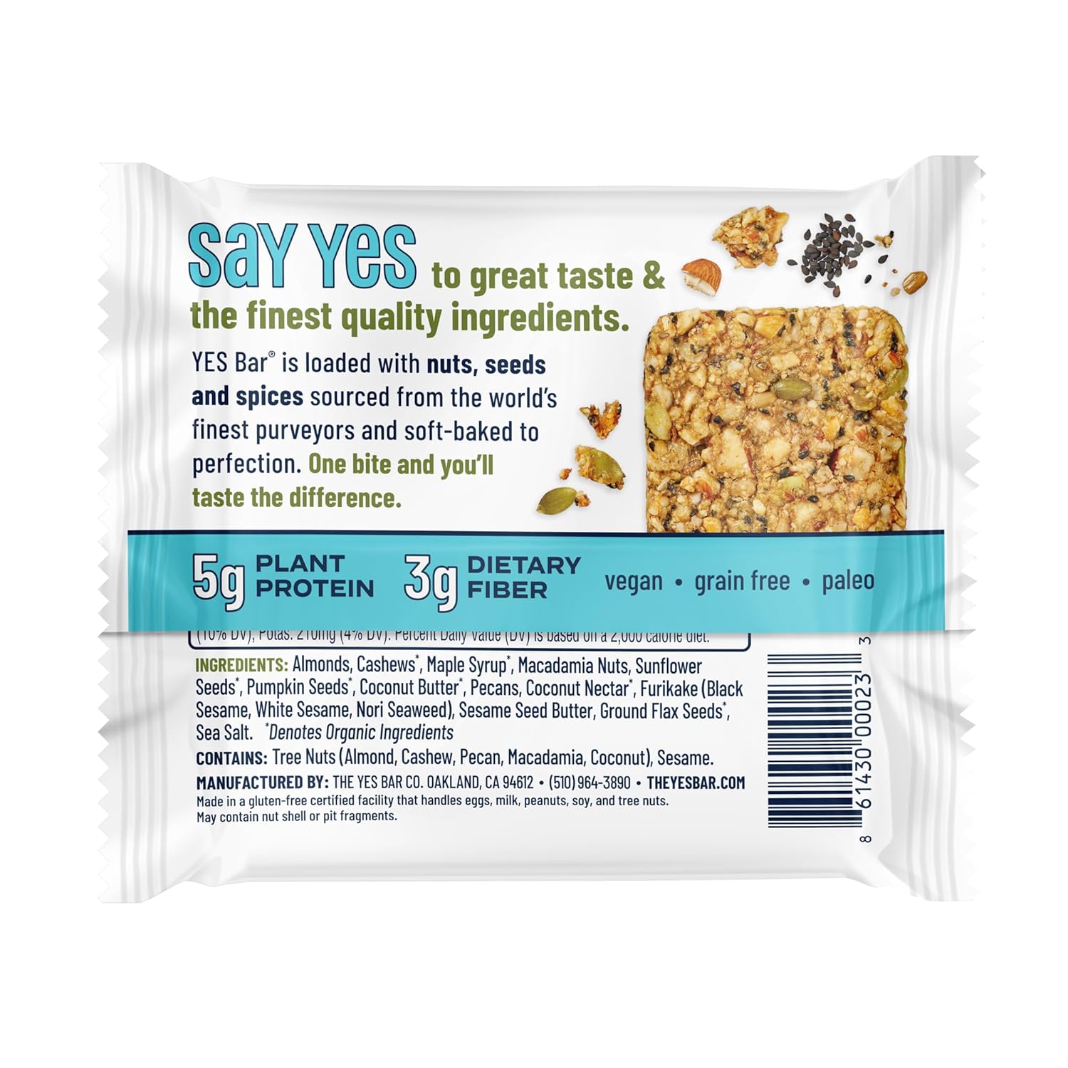 The YES Bar Sal marina de sésamo negro – Proteína a base de plantas, snack bar decadente – Vegano, paleo, sin gluten, sin lácteos, bajo en azúcar,