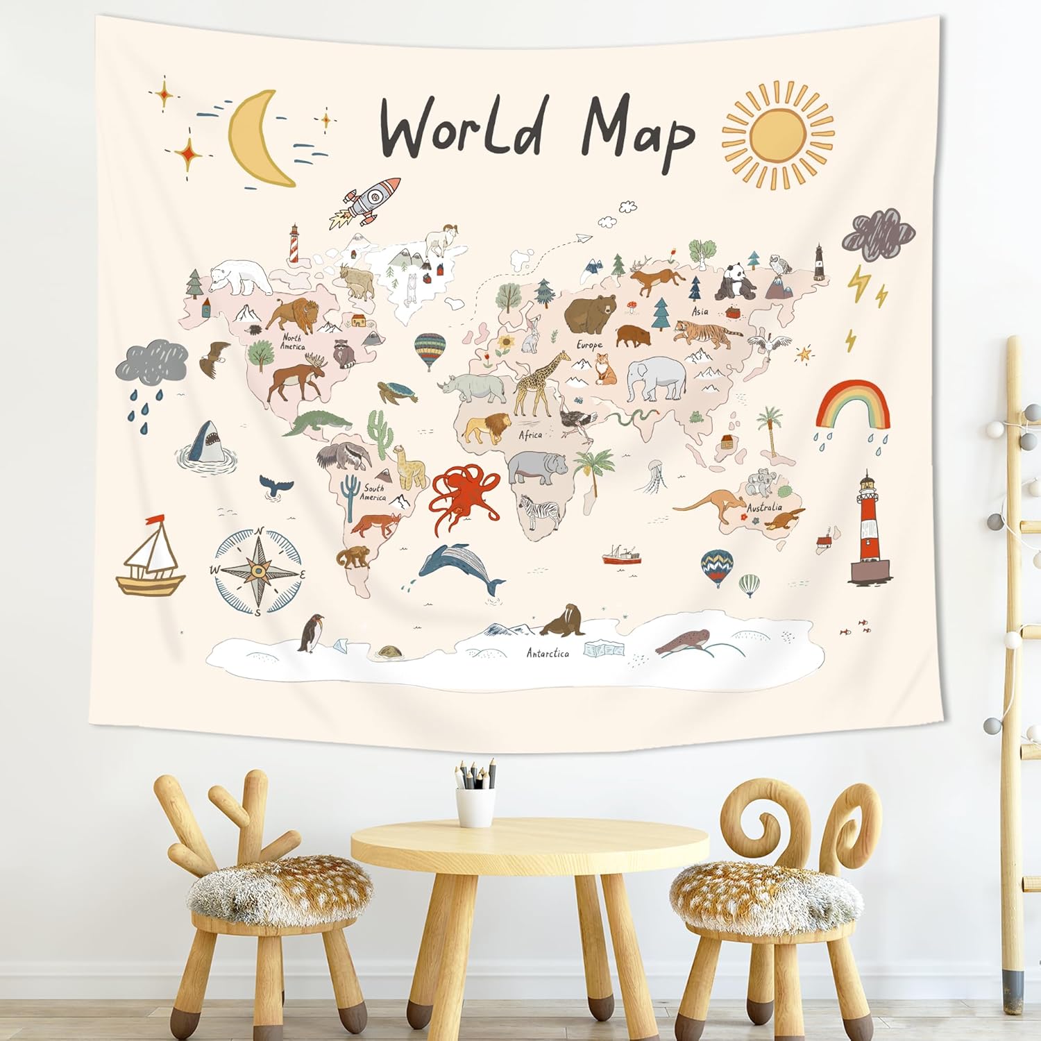 Imirell Tapiz de mapa del mundo para niños, 59 pulgadas de ancho x 51 pulgadas de alto, lindo animal de dibujos animados, herramienta de aprendizaje