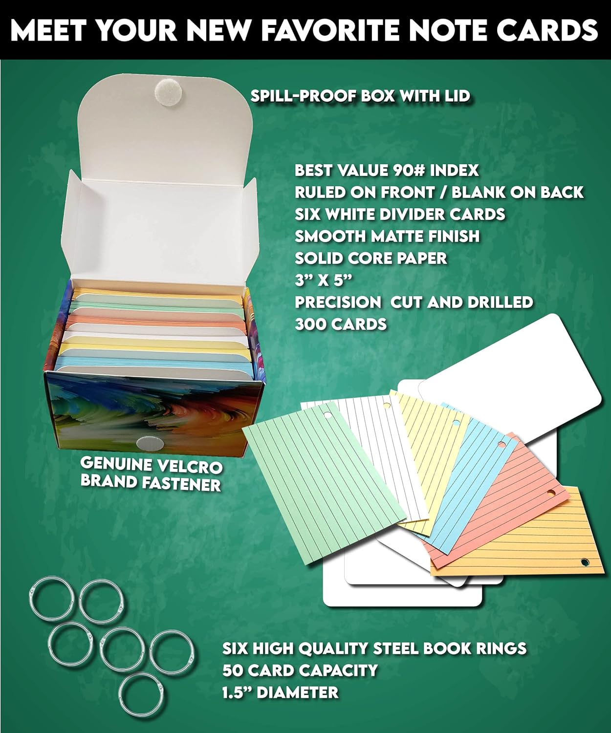 Debra Dale Designs – Tarjetas de notas a rayas con anillos, paquete de 300 unidades de 3 x 5 pulgadas, 6 colores en caja de almacenamiento segura,