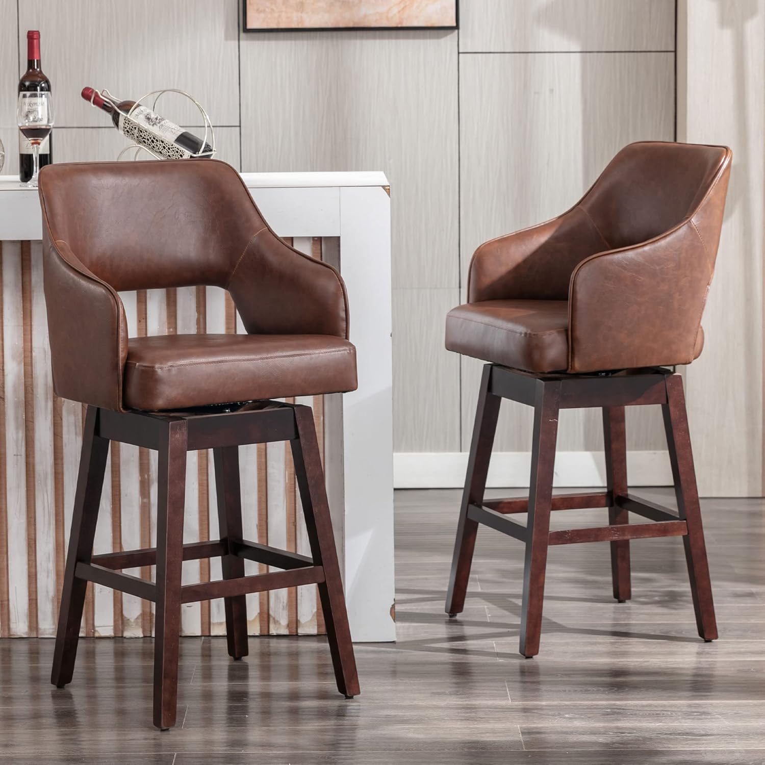 DM Furniture Juego de 2 taburetes de bar de 28 pulgadas de altura de mostrador, de piel sintética, giratorios de 360, con respaldo y patas de
