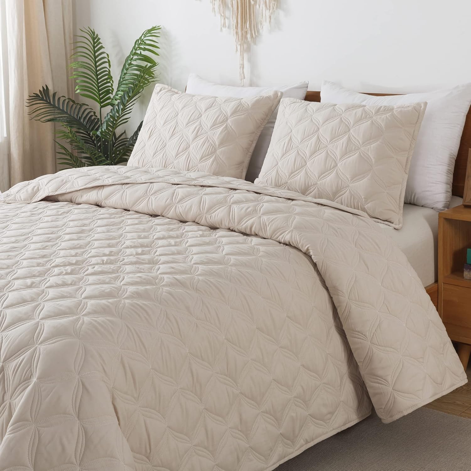 Litanika Juego de edredón beige tamaño California King, colcha ligera de verano de gran tamaño, funda de cama bohemia para decoración de cama, 3