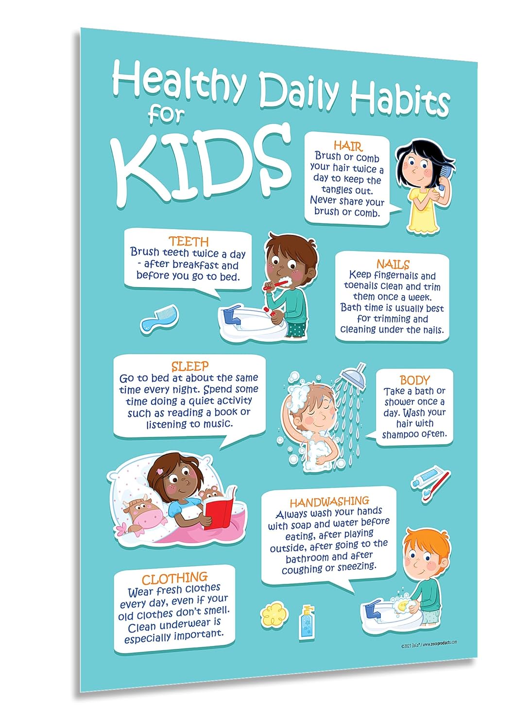 Póster de higiene de 7 hábitos diarios saludables para niños, laminado, 12 x 18 pulgadas, preescolar, escuela primaria, decoración de oficina de