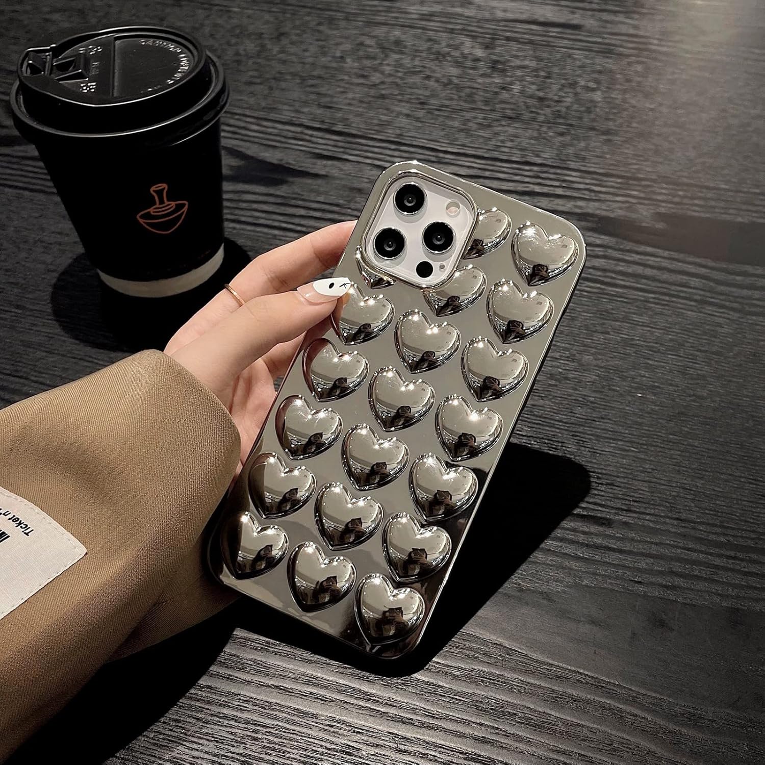 Funda para teléfono con diseño de corazón chapado en 3D, color plateado, compatible con iPhone 12 Pro Max, galvanizada en forma de corazón, de lujo,