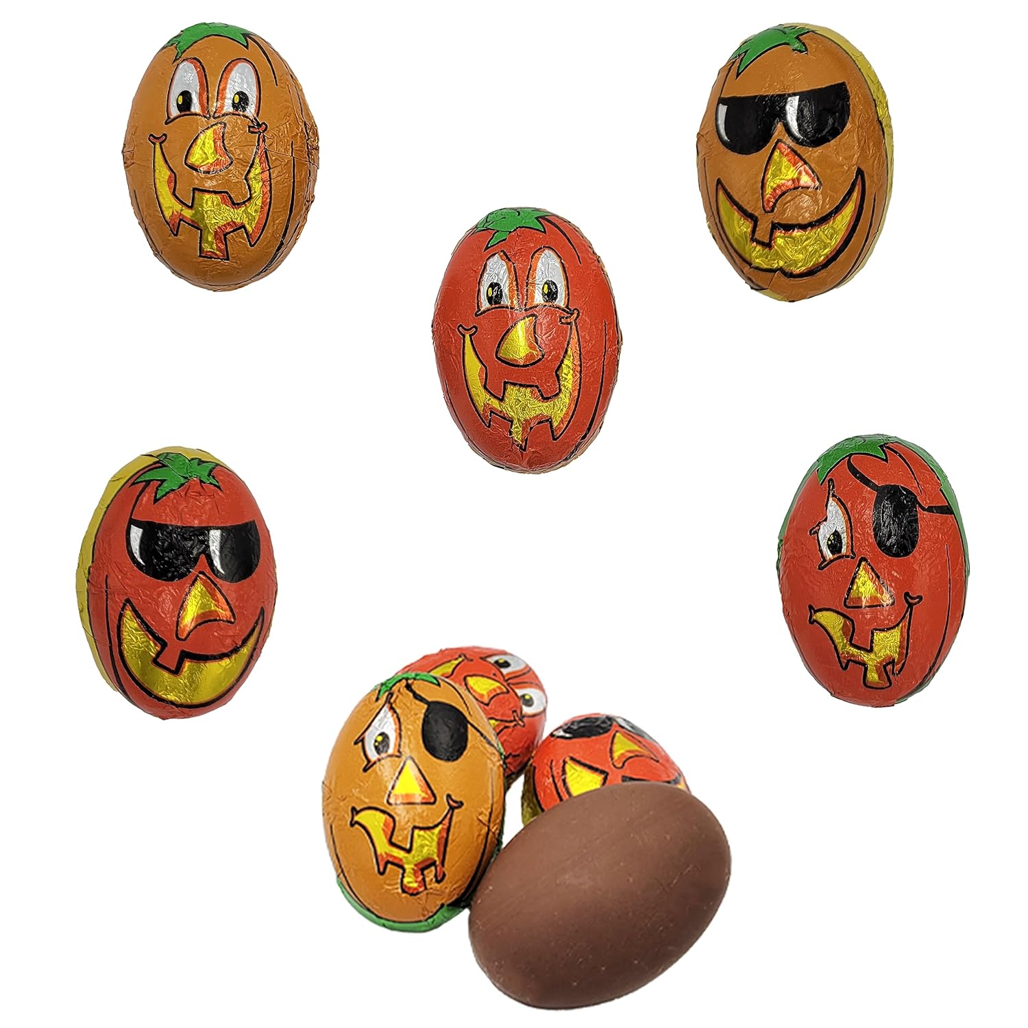 Amigos de calabaza de Halloween, rellenos de bolsas de fiesta de truco o trato, envueltos individualmente en láminas de diseño de cara de calabaza