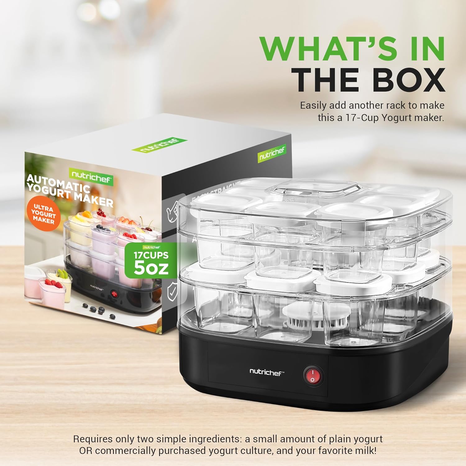 Nutrichef Máquina automática de yogur de 17 tazas  Incluye 17 vasos reutilizables de 5 onzas con tapas y estante de yogur para almacenamiento