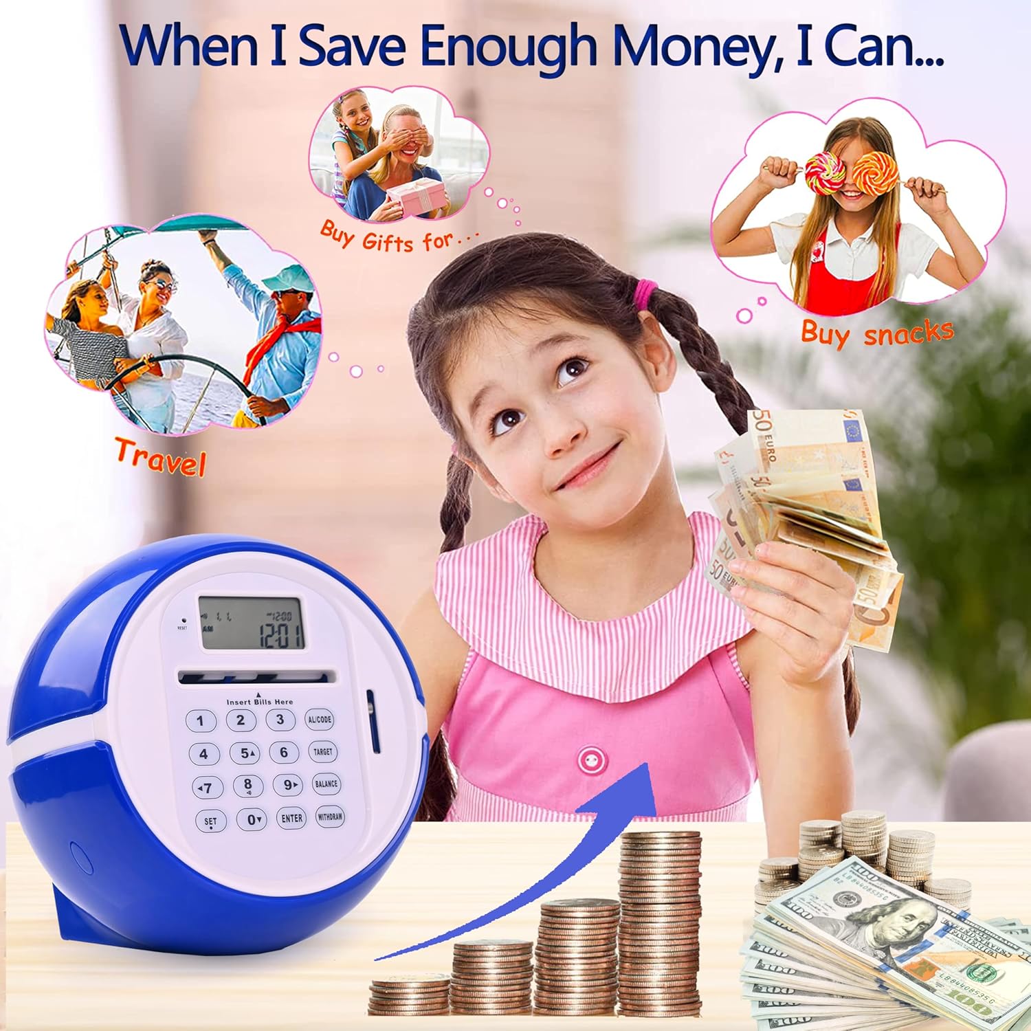 Alcancía de cajero automático para dinero real para niños, banco de ahorro de dinero con contraseña, reconocimiento de monedas, alimentador de
