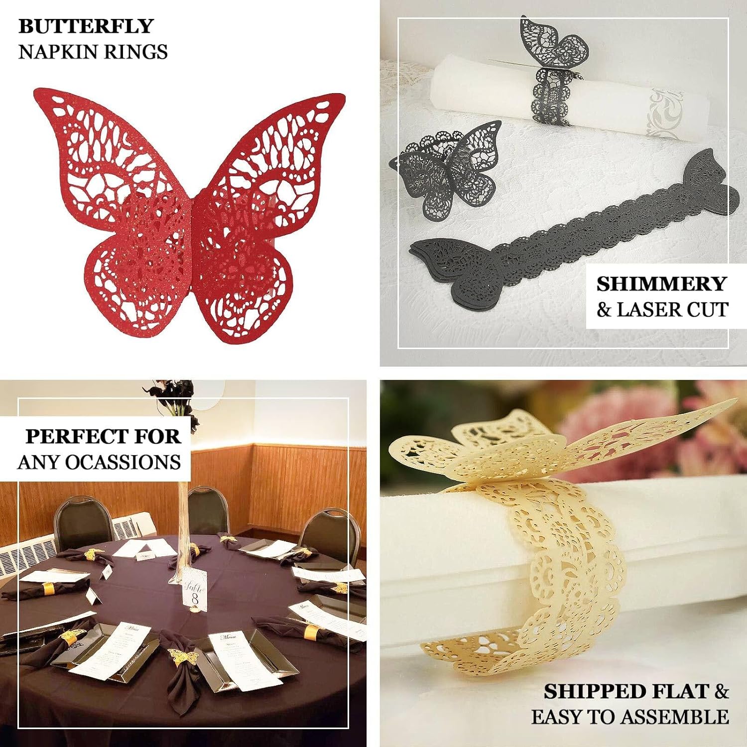 Efavormart – Paquete de 12 servilleteros de papel con diseño de mariposa de corte láser, lazos para silla, soportes para servilletas