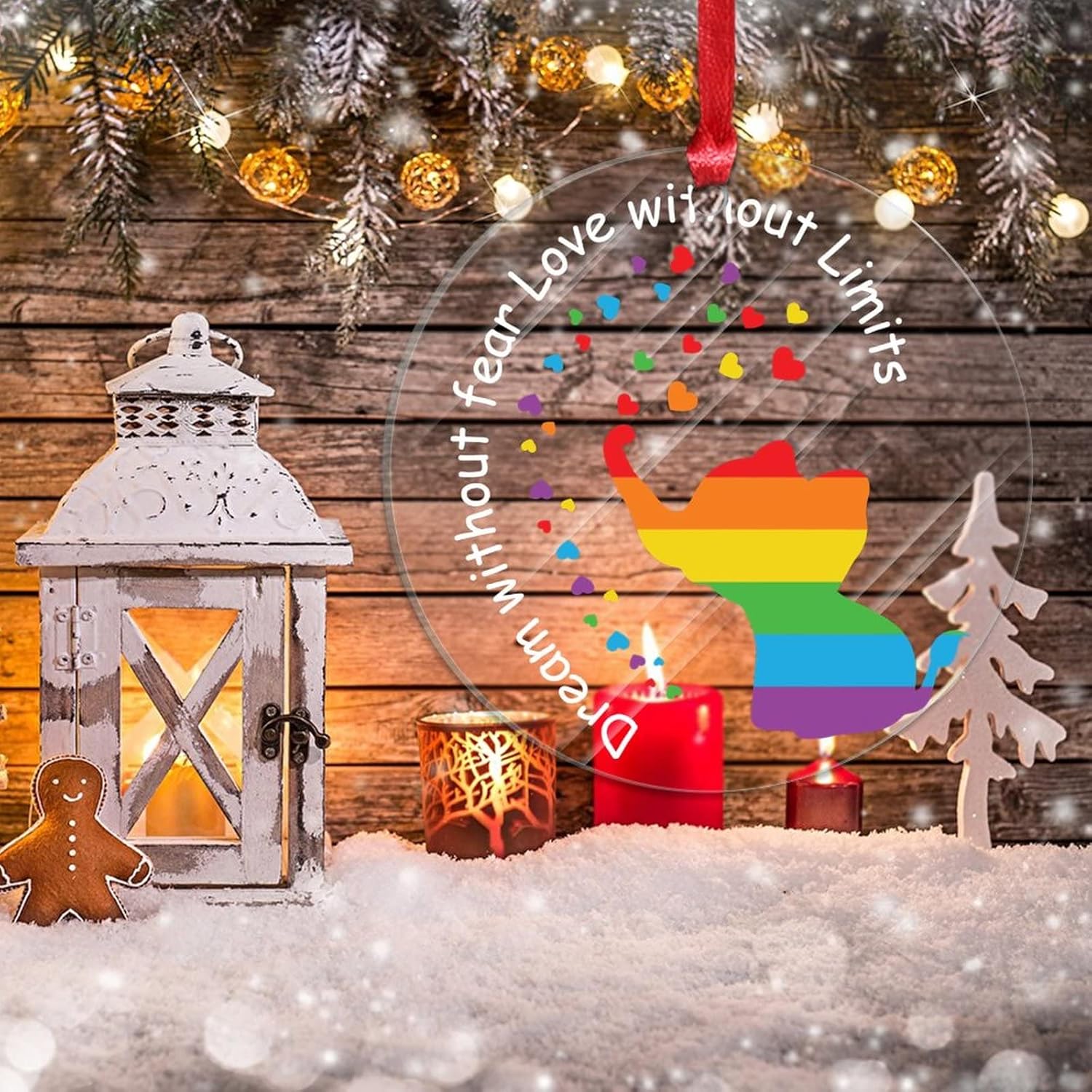 Swavecat Adornos de árbol de Navidad Sueño sin miedo Amor sin límites Adornos de elefante Gay LGBTQ Decoraciones de Navidad Arco Iris Derechos Gay