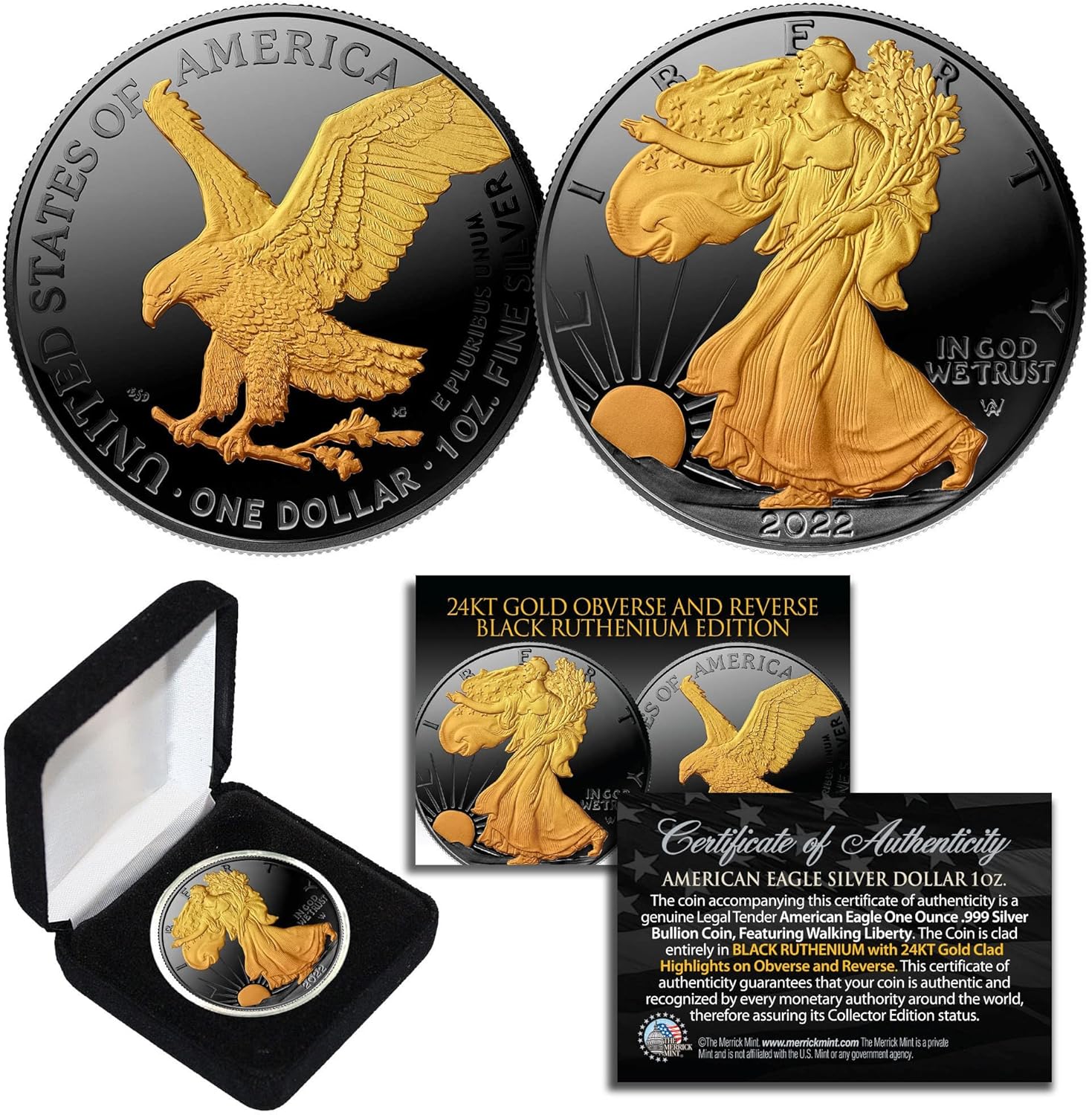 Rutenio negro de 1 onza .999 plata fina 2022 águila americana Golden Engima con caja