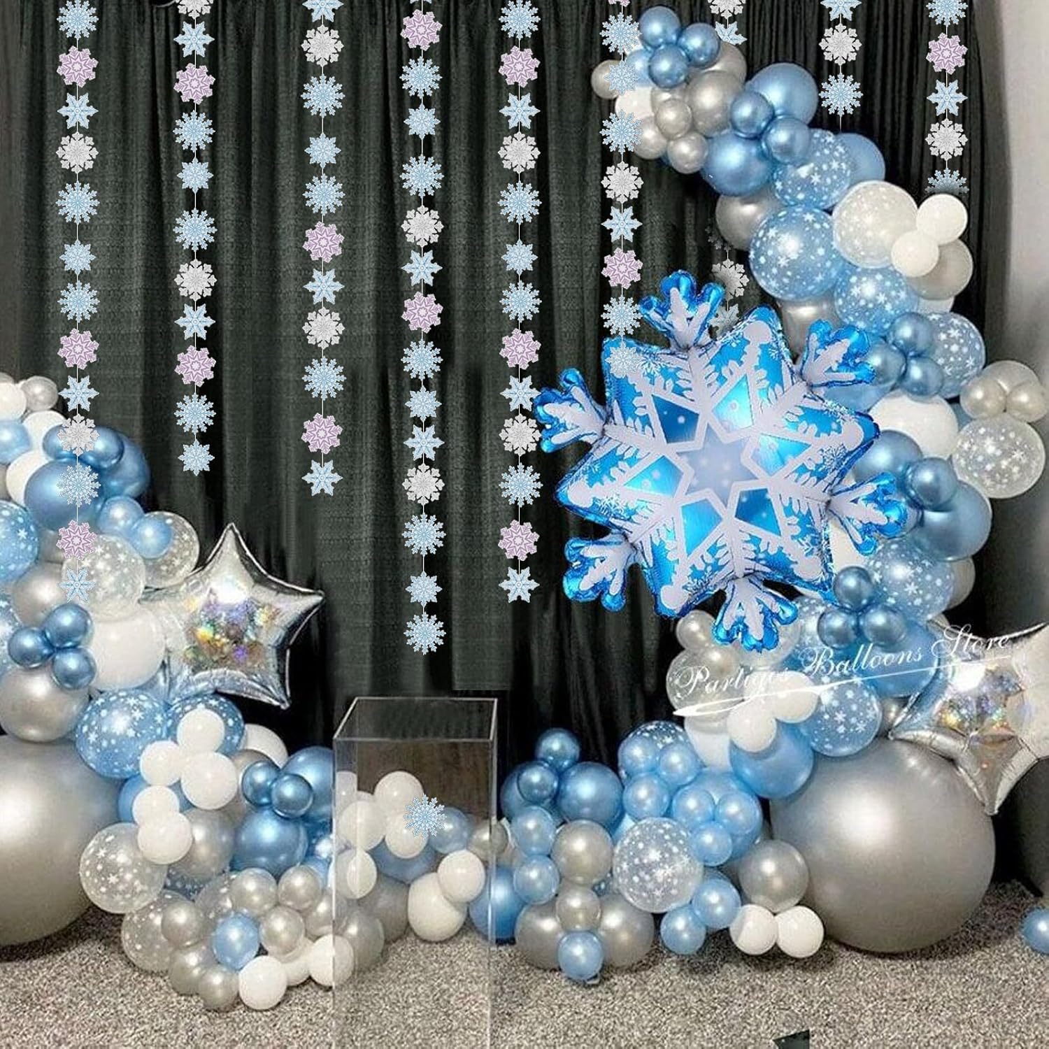 Decoraciones de copo de nieve de invierno para colgar en invierno, decoración de fiesta de cumpleaños, guirnalda de copos de nieve púrpura azul para