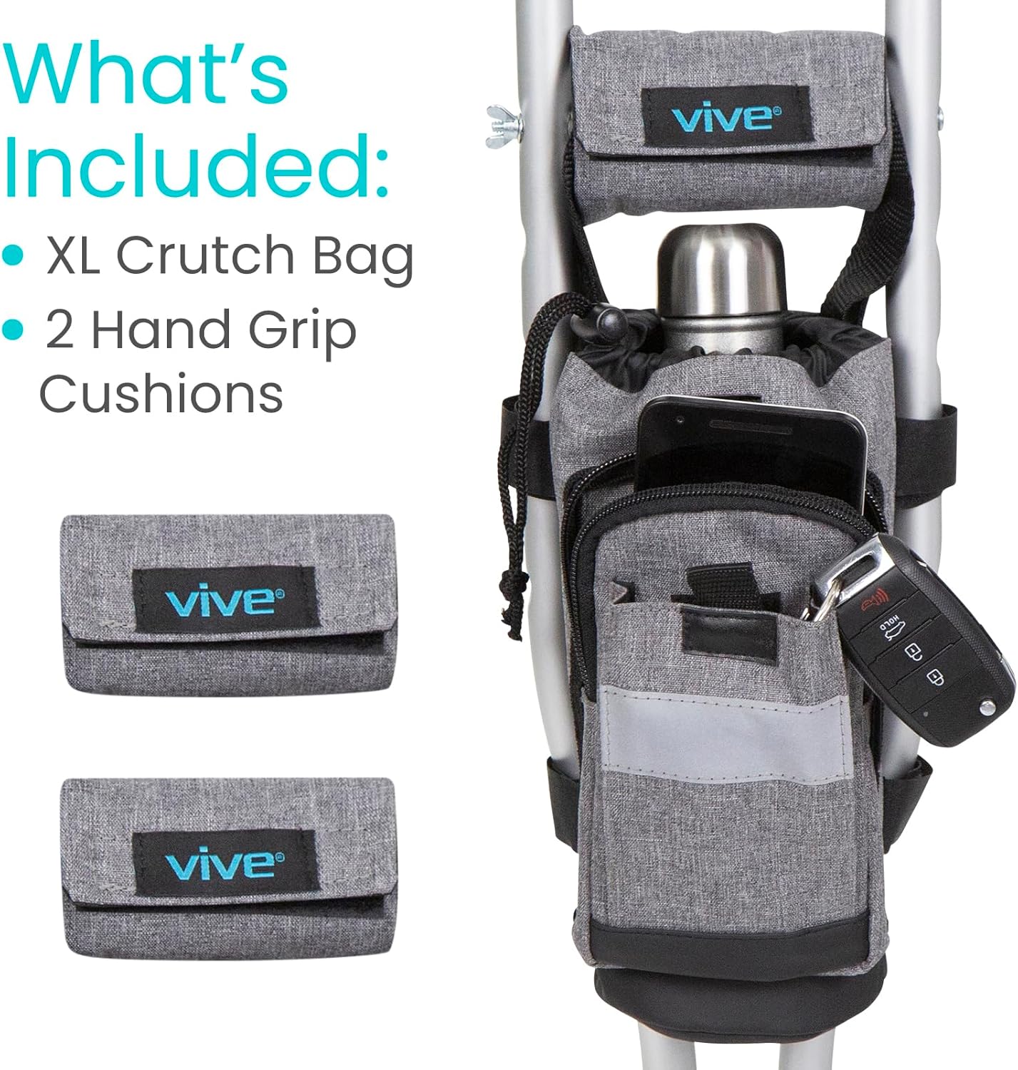 Vive Bolsa de accesorios para muletas y cojines de agarre de mano, bolsa premium resistente al agua para muletas, con soporte para bebidas, 3