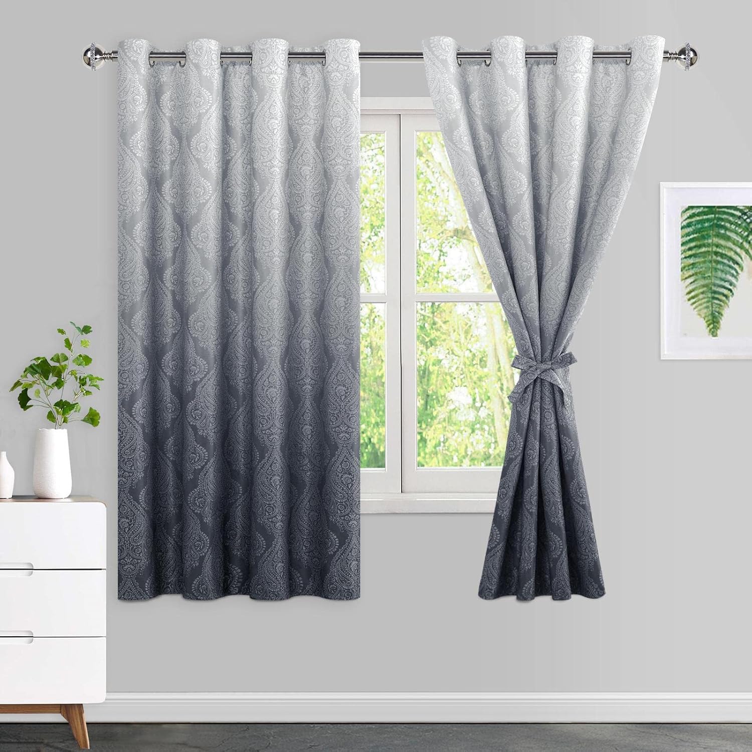 JIUZHEN Cortinas opacas grises degradadas de 63 pulgadas de largo, estampado de damasco, aislamiento térmico, reducción de ruido, cortinas con