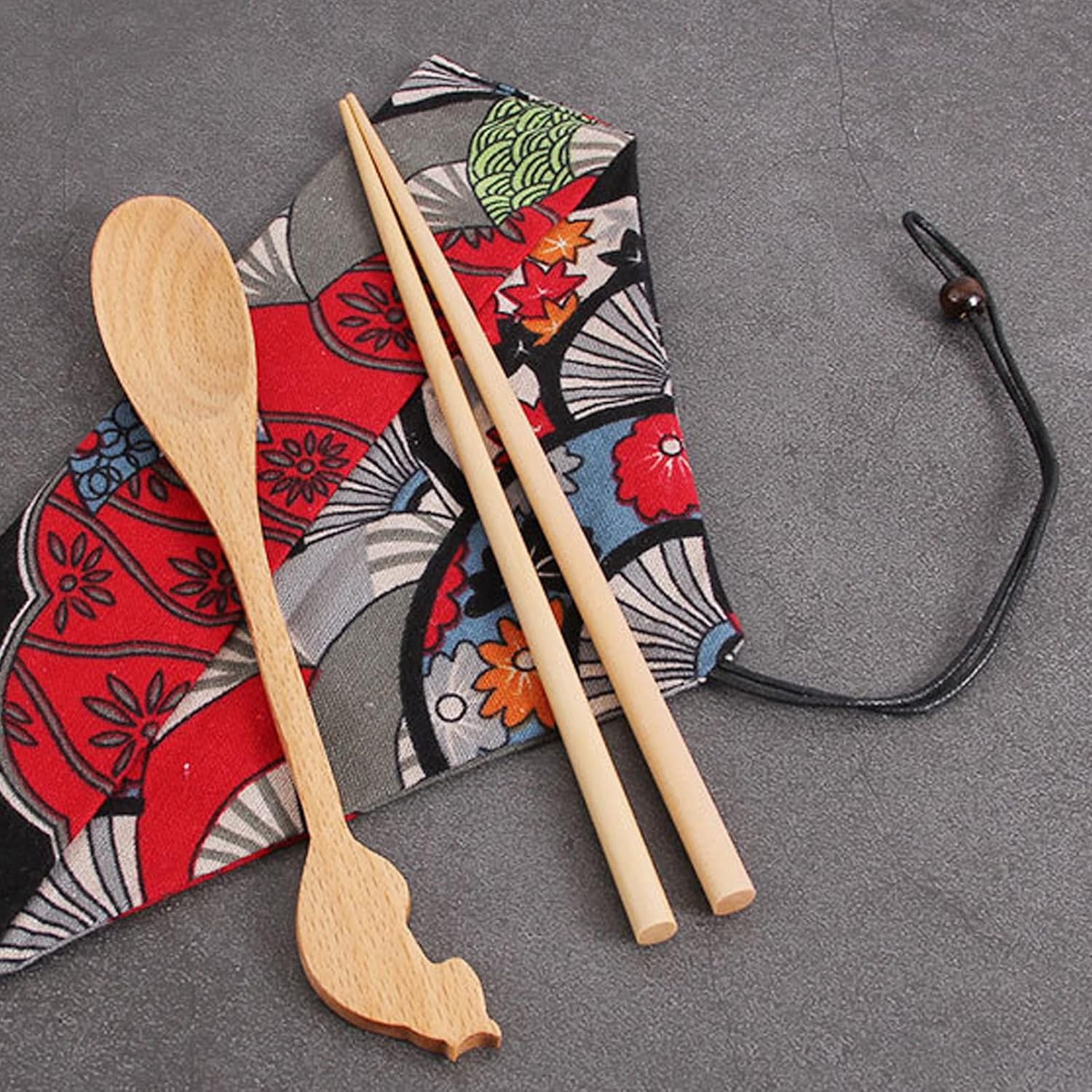 Juego de cubiertos de madera, estilo japonés, cuchara de madera reutilizable y palillos, vajilla portátil, utensilios de viaje, utensilios de