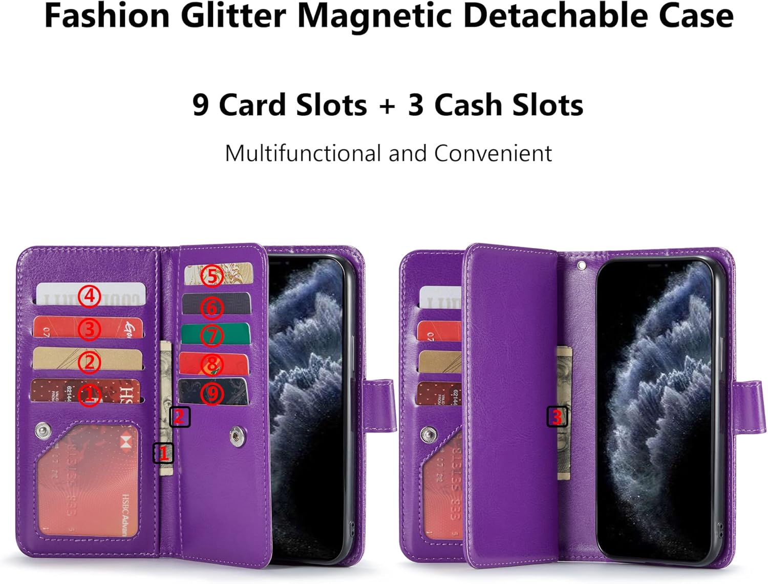 Varikke Funda tipo cartera para iPhone 11 Pro Max, funda magnética desmontable para mujer con tarjetero, soporte y correa para la muñeca, se adapta