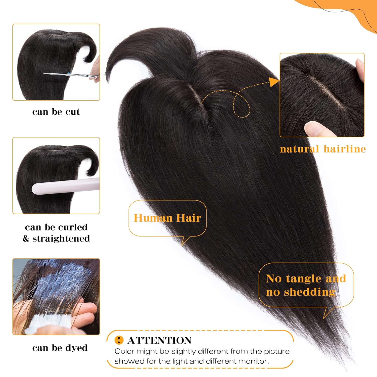 S-noilite Toppers para el cabello para mujer, con flequillo, 8 pulgadas, base de seda negra natural #1B, clip en la parte superior para mujeres con