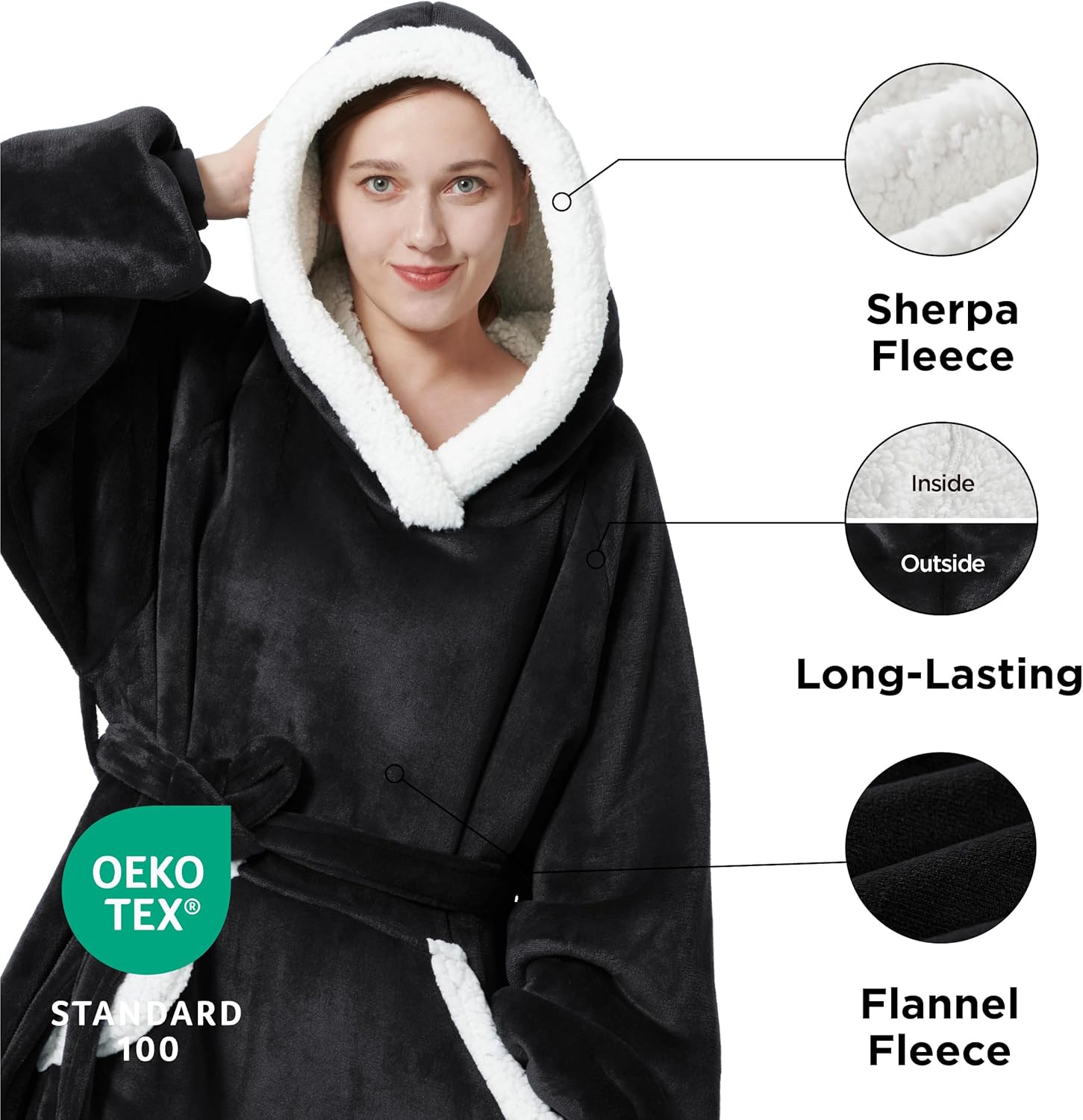 Bedsure Sudadera de manta de largo recorrido – Sudadera de manta con capucha, tamaño grande con división lateral y cinturón, cálida chaqueta de