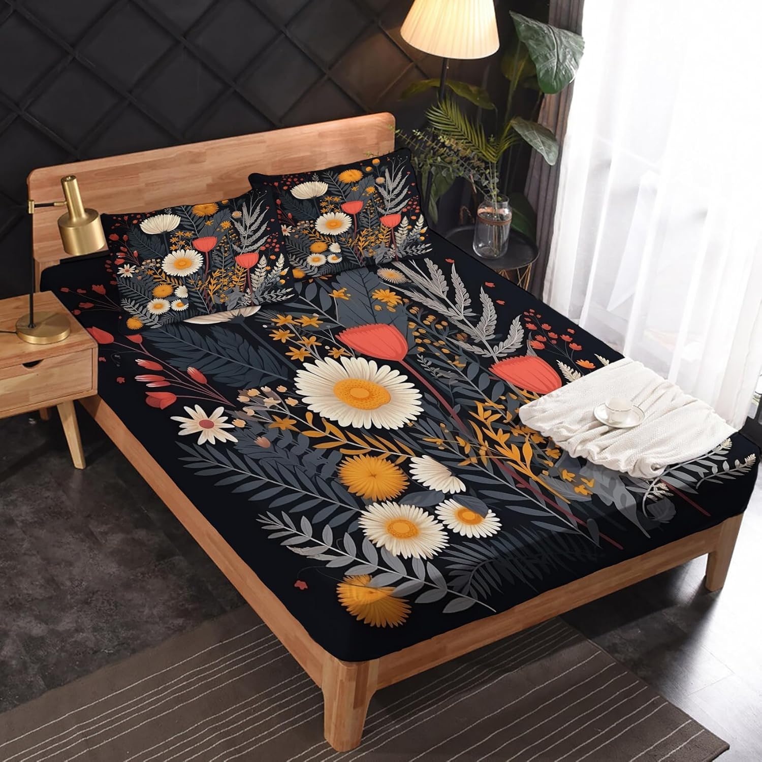 zcsm Wildflower Sheets California King – Sábanas de cama botánicas, microfibra suave y bolsillo profundo, sábanas y fundas de almohada estampadas