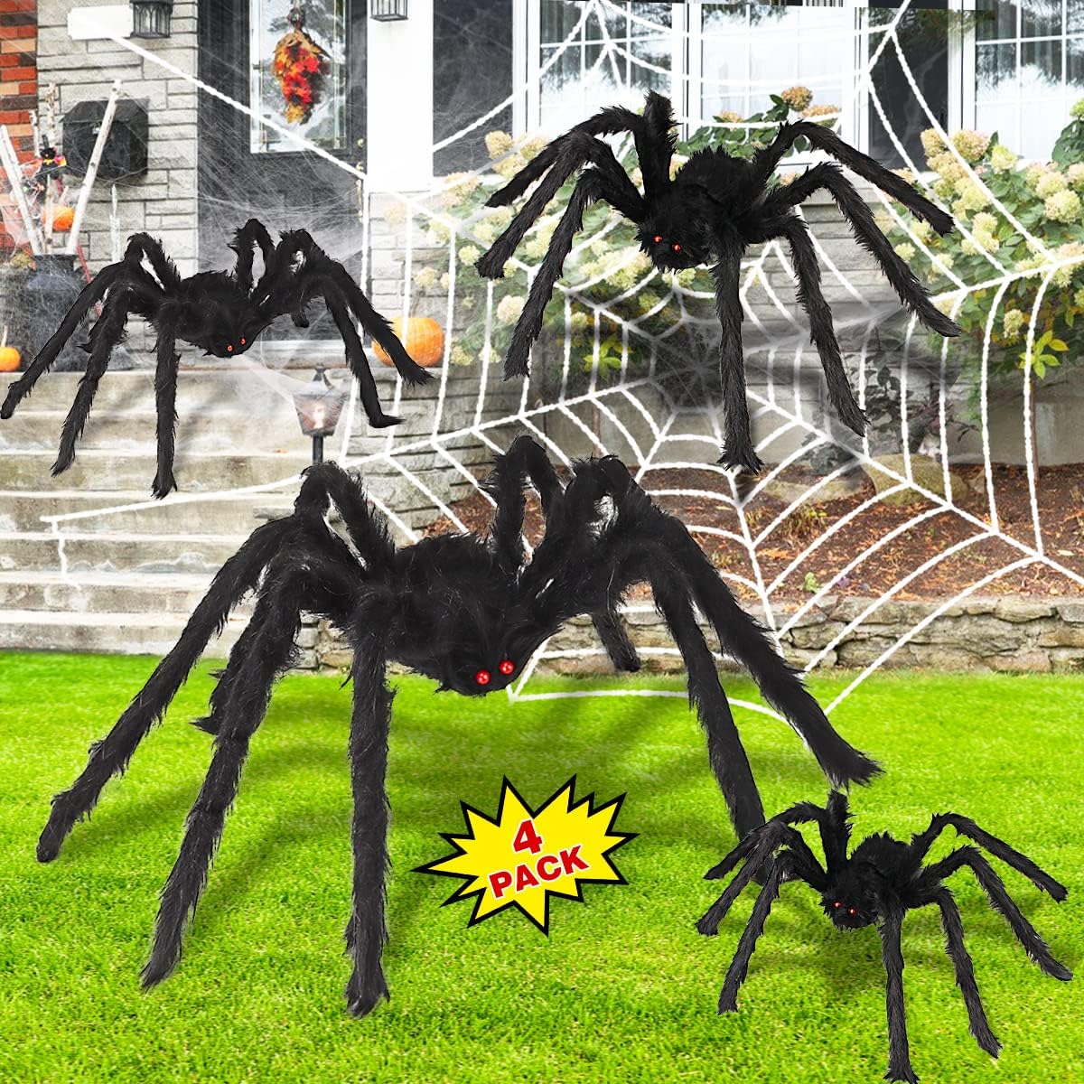 Decoraciones de araña de Halloween, juego de araña gigante aterradora de Aitey con 4 arañas falsas grandes, tela de araña, 20 arañas pequeñas de