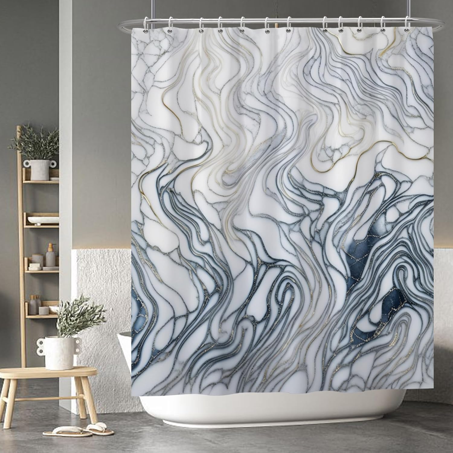 Baocicoo – Cortina de ducha de mármol azul marino y blanco, moderna cortina de ducha bohemia para baño, textura de lujo, decoración de hostal,