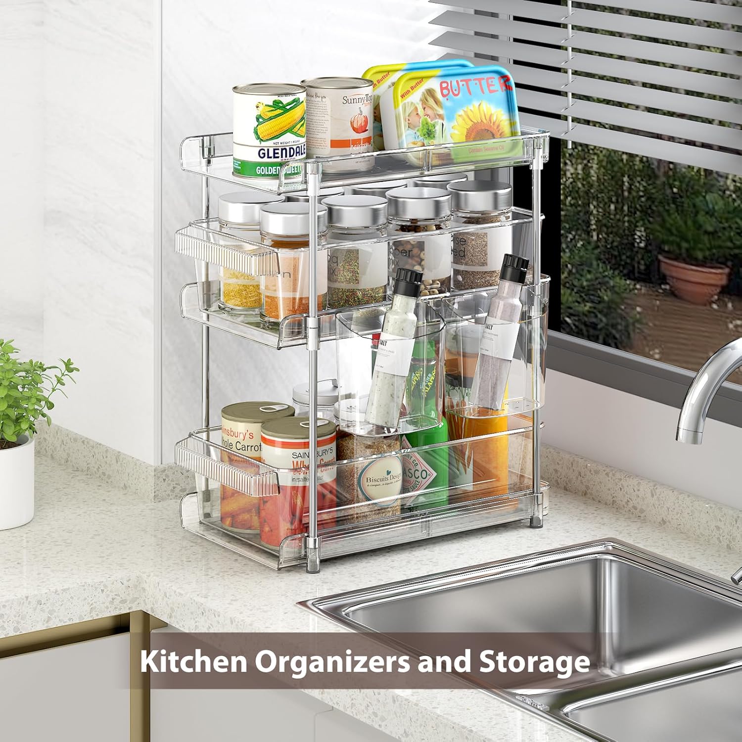 Organizadores de baño transparentes de 3 niveles, organizador extraíble y almacenamiento con 2 tazas, contenedor de almacenamiento deslizante con 6