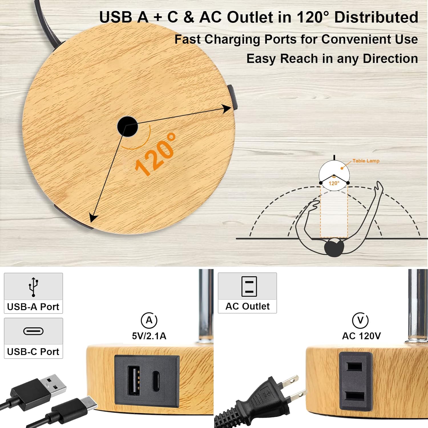 Lámpara de mesita de noche de 15.75 pulgadas con control táctil, puertos de carga USB A+C y salida de CA, mesa de noche regulable de 3 vías, luz LED