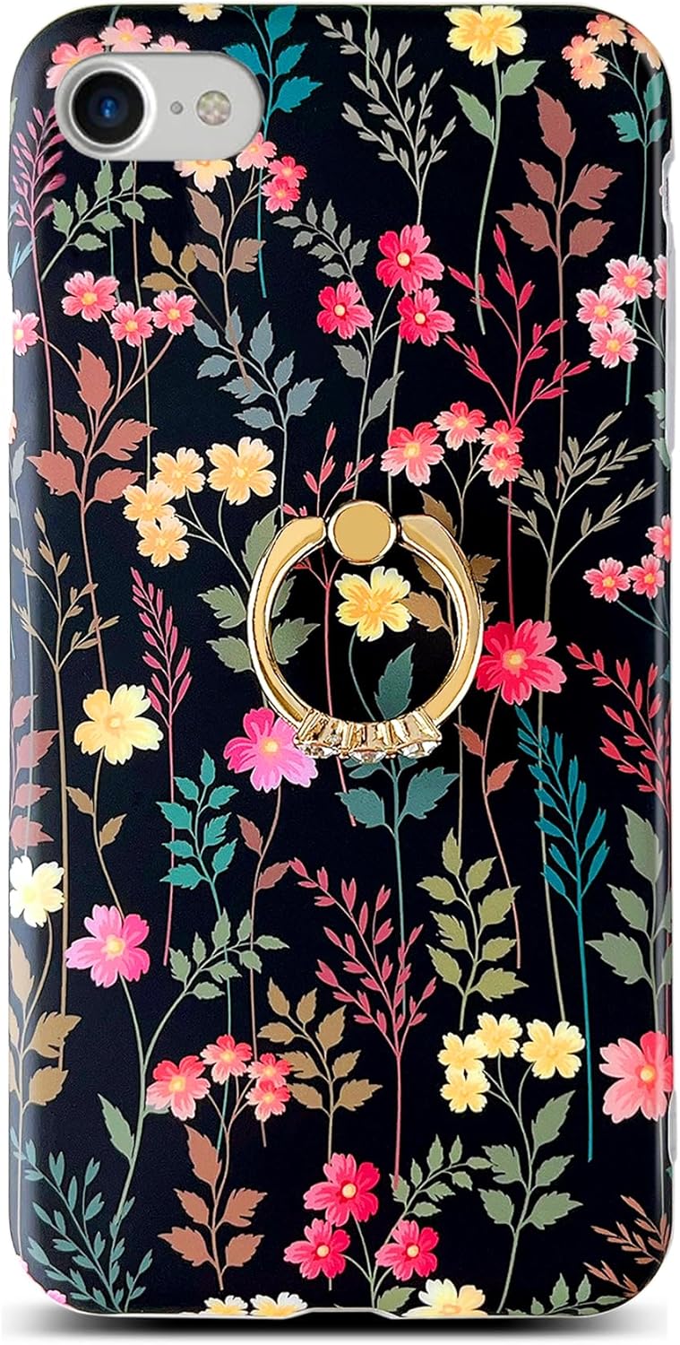 Qokey Funda para iPhone SE 20222020, para iPhone 7, para iPhone 8 de 4.7 pulgadas, bonita funda de flores de jardín para mujeres y niñas, anillo