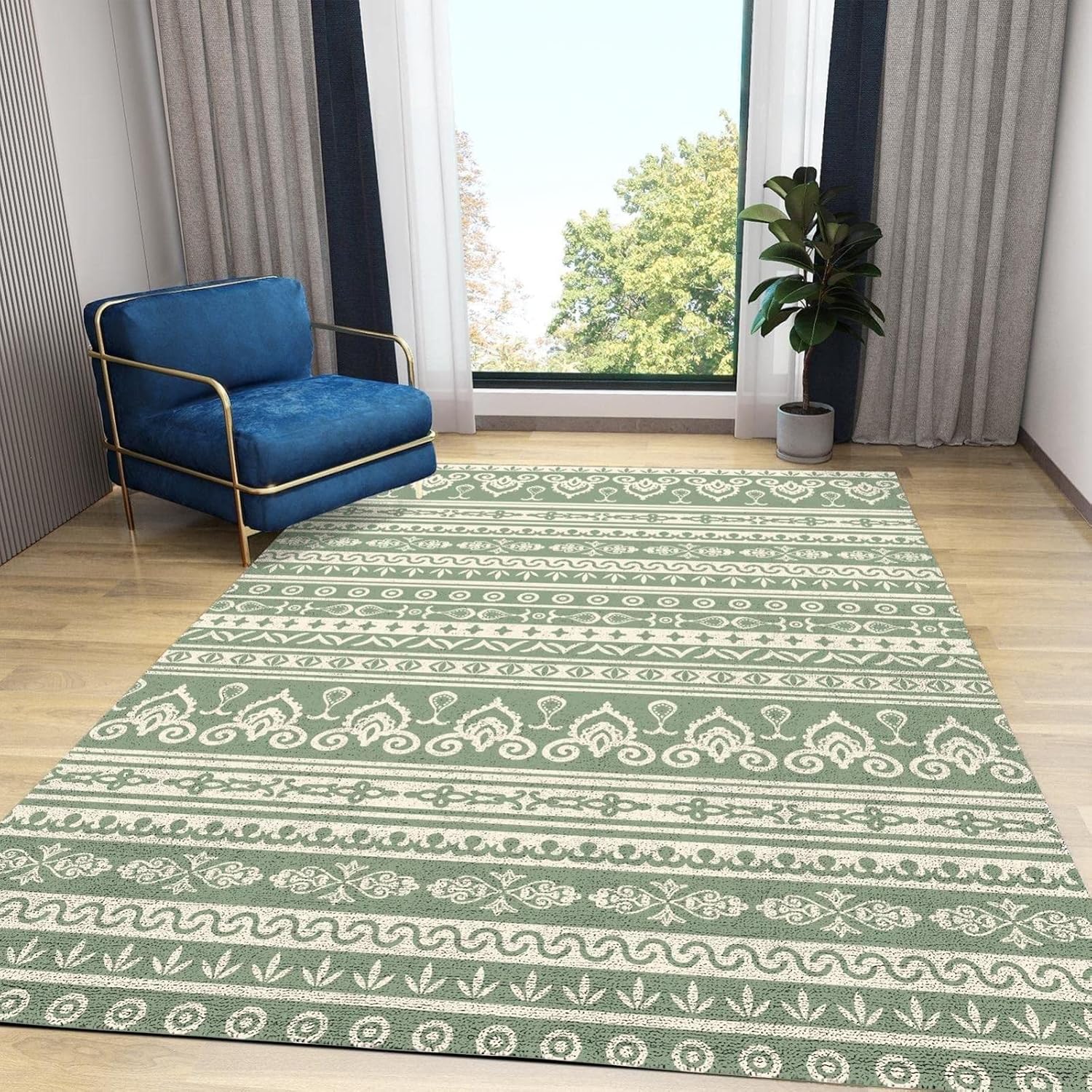 Alfombra verde bohemia, alfombra tribal con estampado de rayas de damasco salvia, alfombra antideslizante para interiores, lavable a máquina,