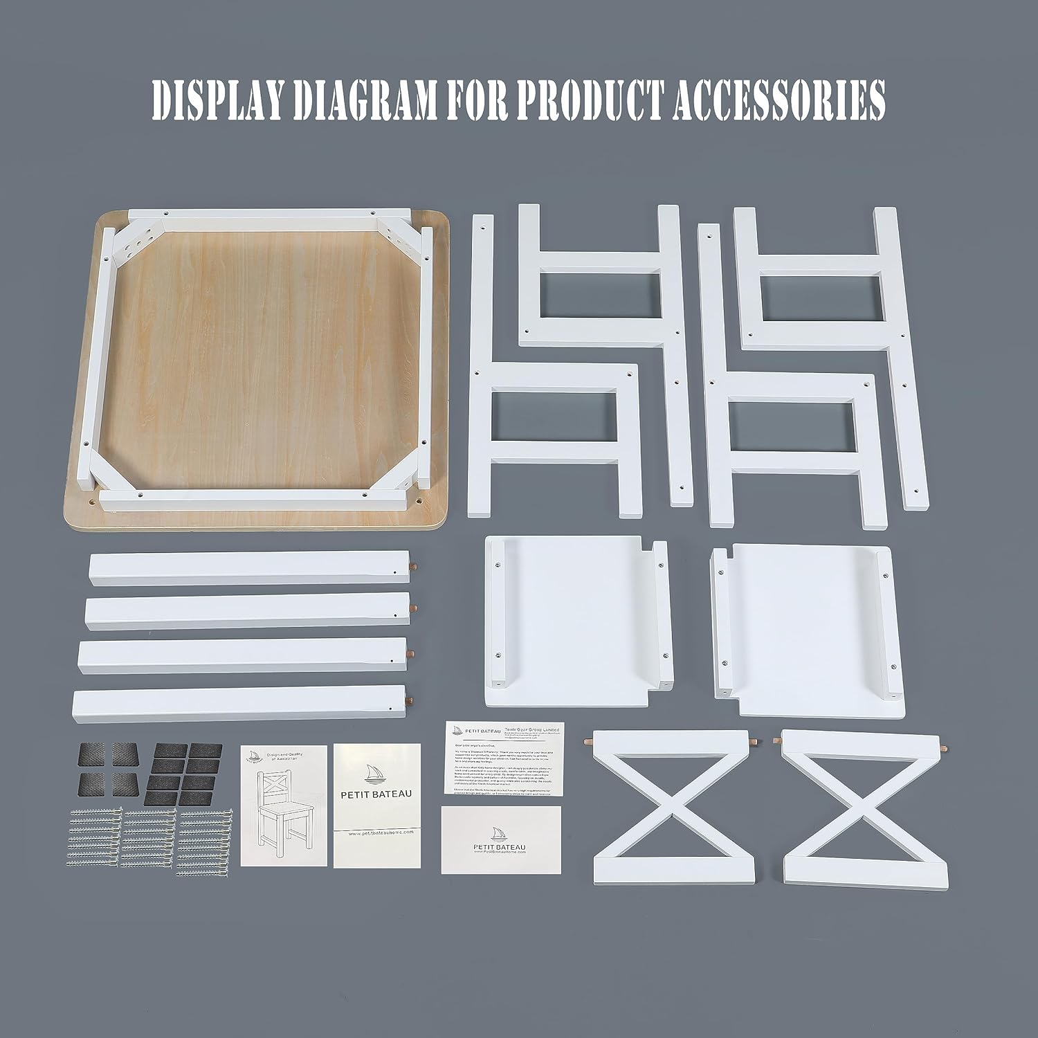 PETIT BATEAU Juego de mesa y sillas para niños pequeños, muebles modernos de madera maciza para niños de 2 a 8 años, color blanco, arte de arte