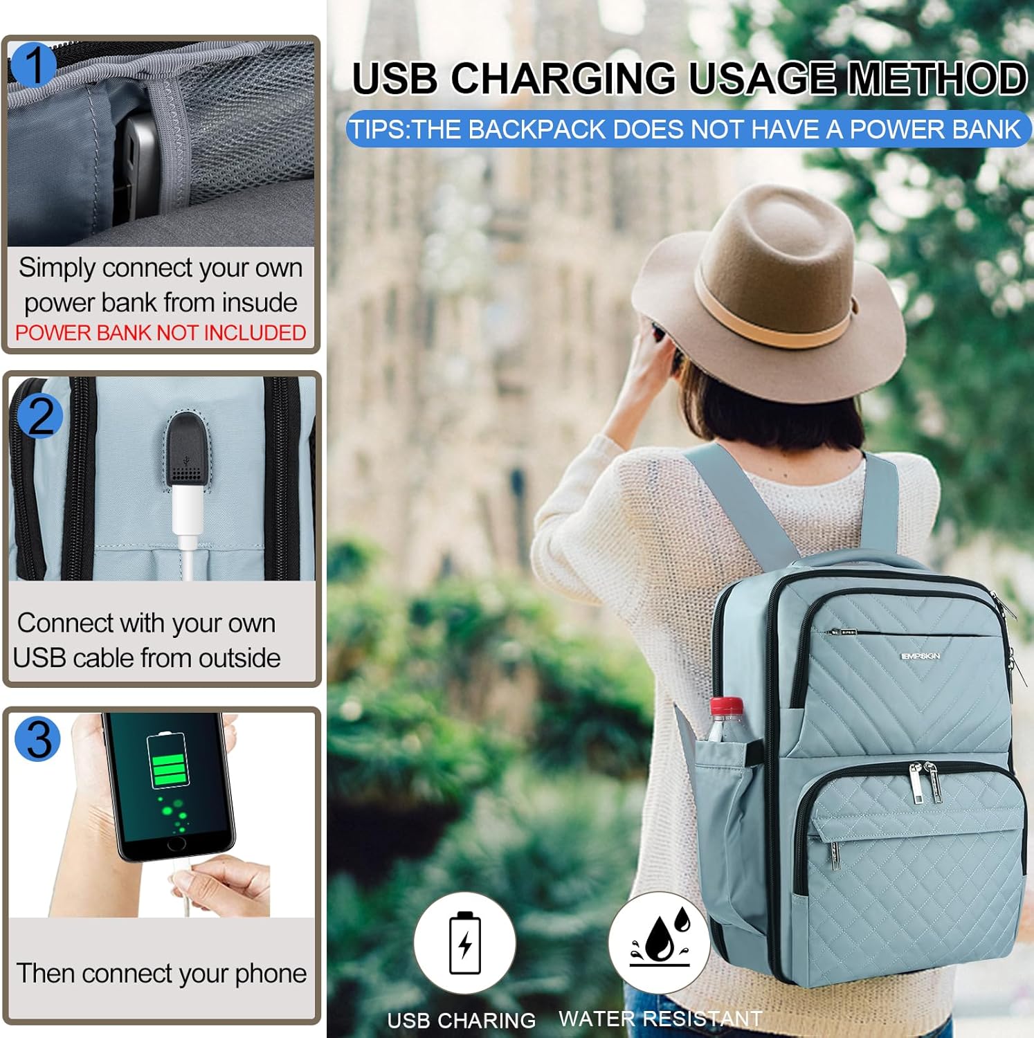 EMPSIGN Mochila para portátil 8032, Acolchado azul claro