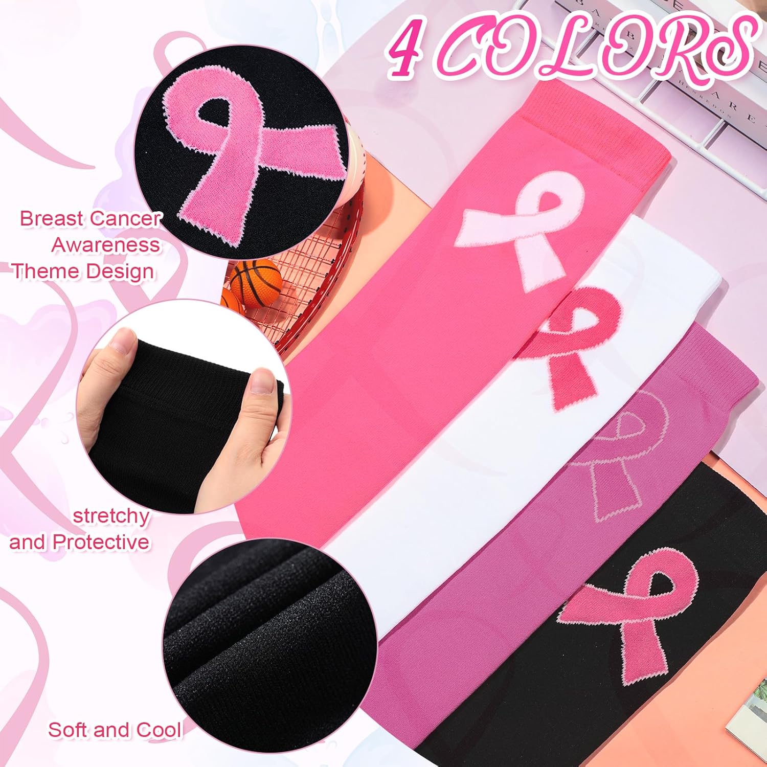 Hercicy 4 pares de mangas deportivas de compresión para niñas y niños, para concientización sobre el cáncer de mama, con cinta rosa