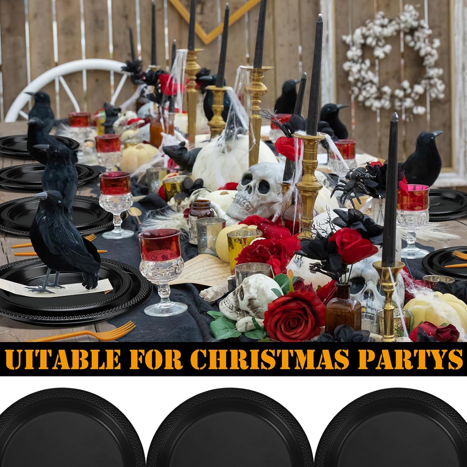 Hoolerry Juego de vajilla desechable de Navidad de 250 piezas, incluye 50 platos de postre, 50 platos llanos, 50 cuchillos, 50 cucharas y 50