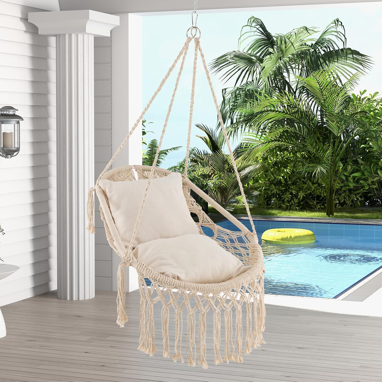 Giantex Silla columpio de macramé, columpio colgante de porche con cojines de asiento suaves, cuerda de algodón y kits de herramientas, soporta