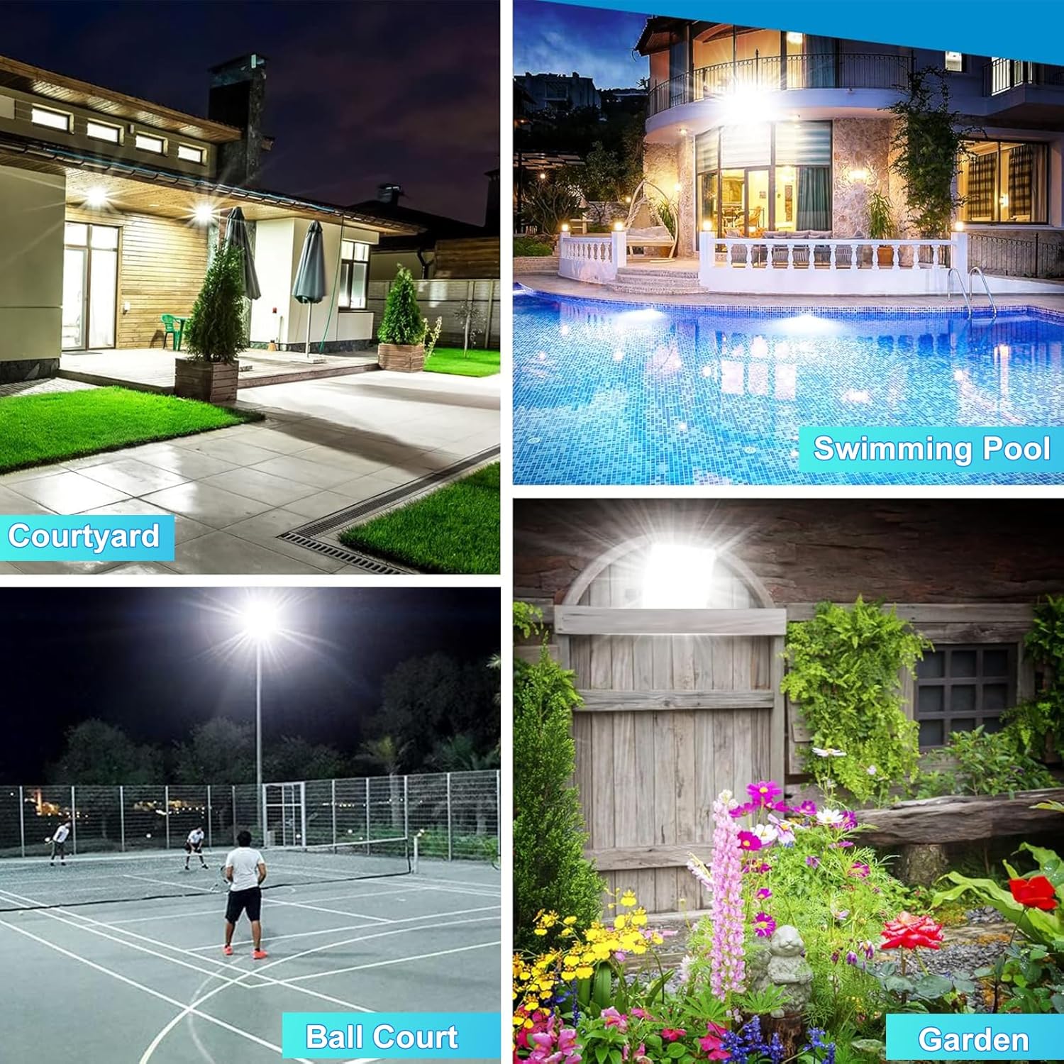 100W LED Outdoor Flood Light, 2 Pack 8000LM Plug in Flood Light Outdoor, IP66 Waterproof Exterior Security Lights, 6500K Daylight White Super Bright